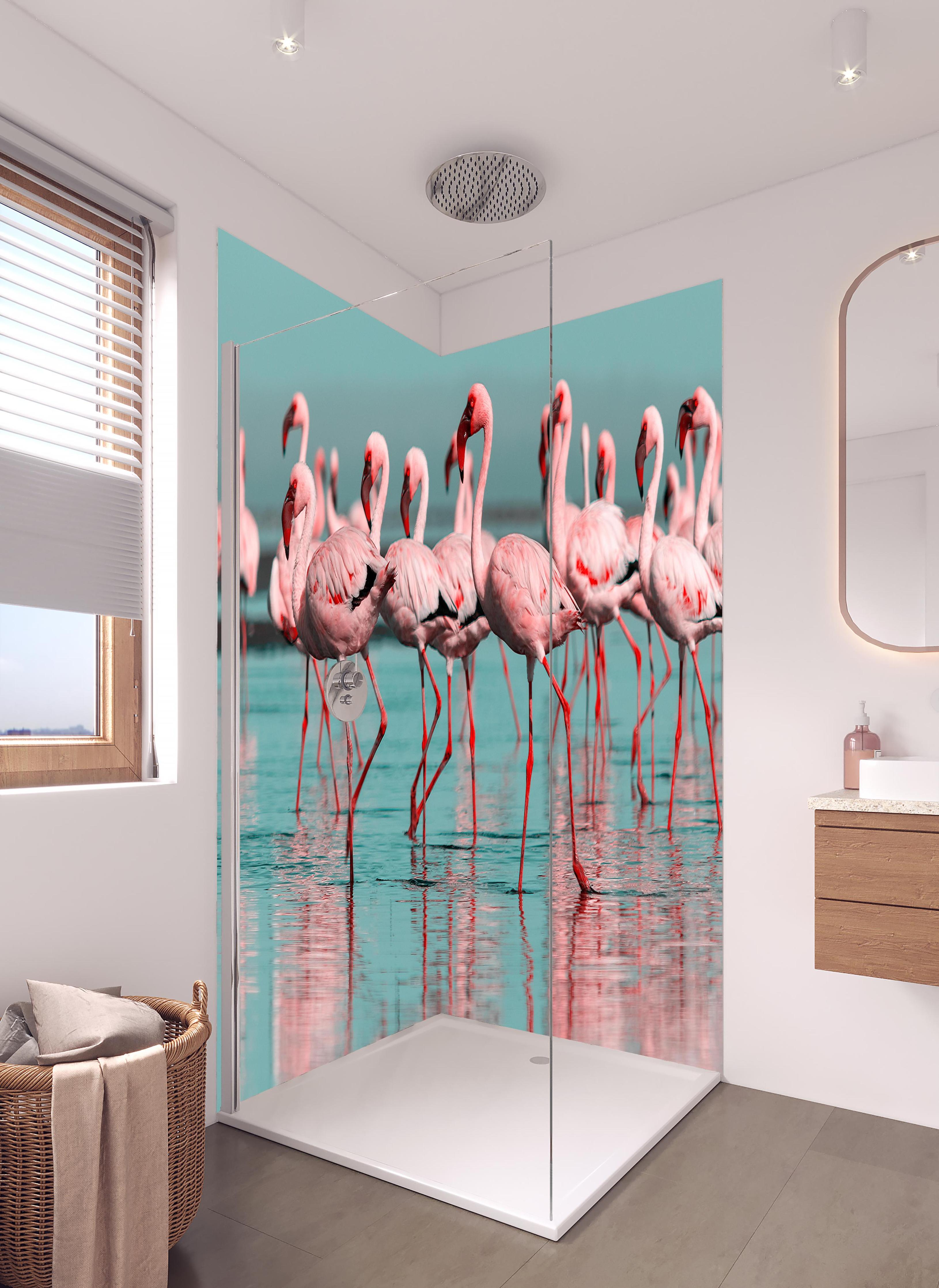 Duschrückwand - Wilde Flamingo auf dem Wasser in hellem Badezimmer mit Regenduschkopf - zweiteilige Eck-Duschrückwand