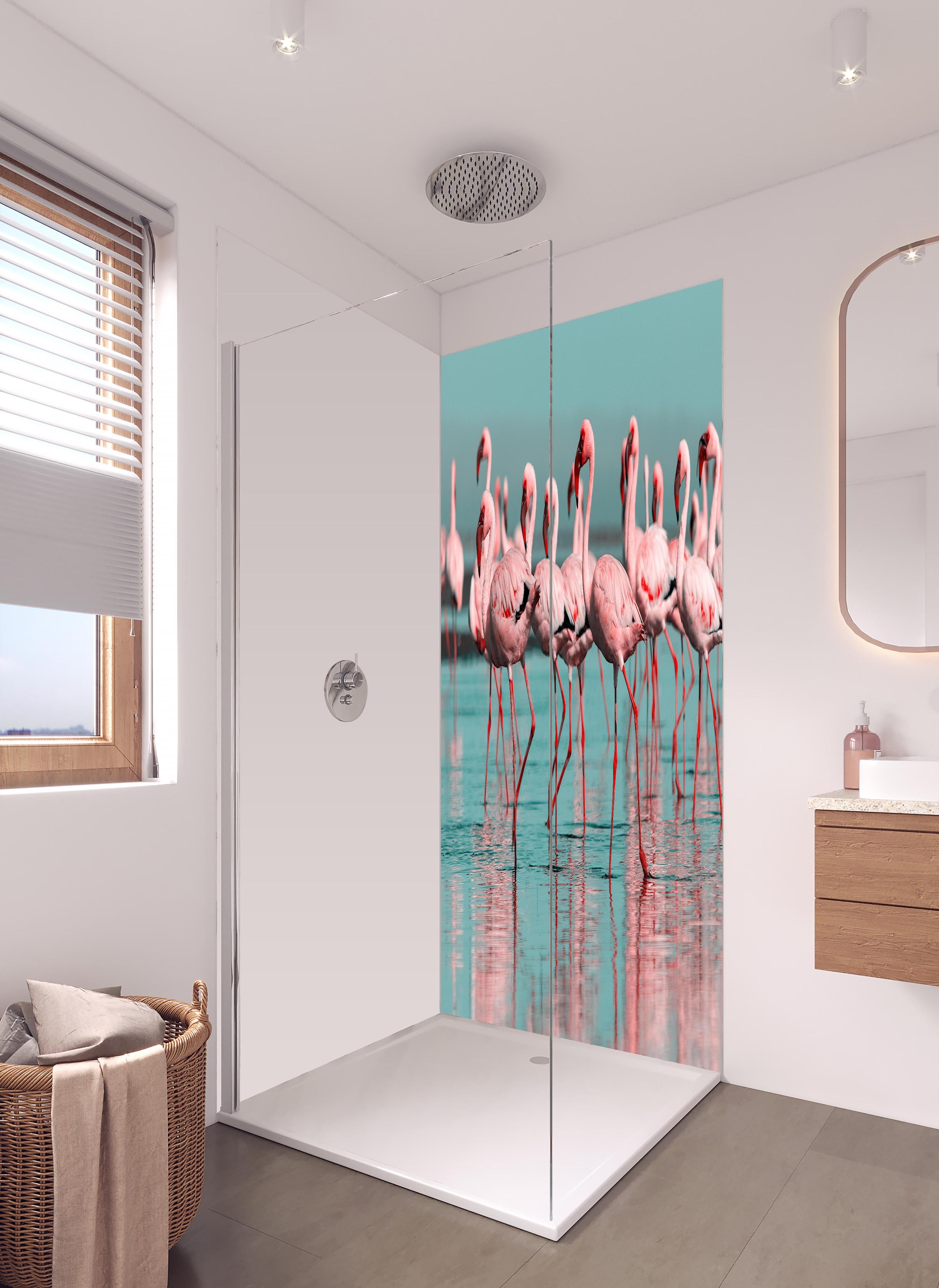Duschrückwand - Wilde Flamingo auf dem Wasser in hellem Badezimmer mit Regenduschkopf - zweiteilige Eck-Duschrückwand