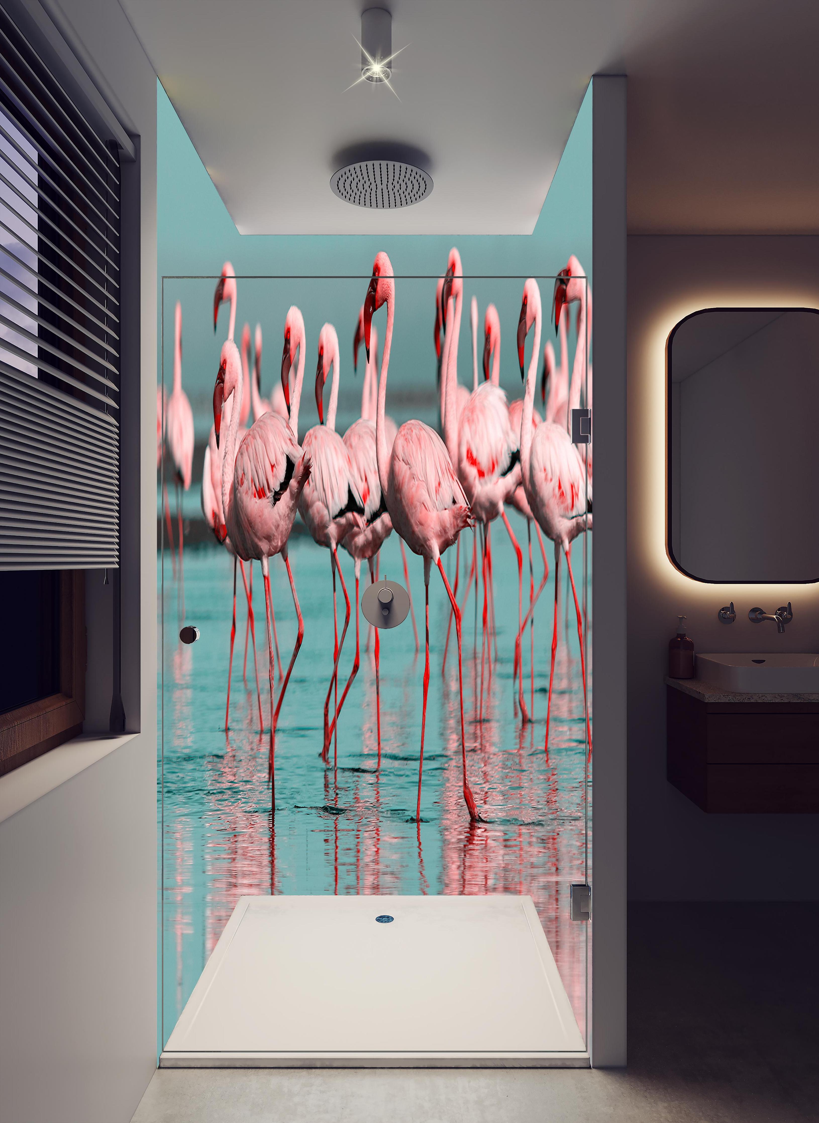 Duschrückwand - Wilde Flamingo auf dem Wasser in hellem Badezimmer mit Regenduschkopf - zweiteilige Eck-Duschrückwand