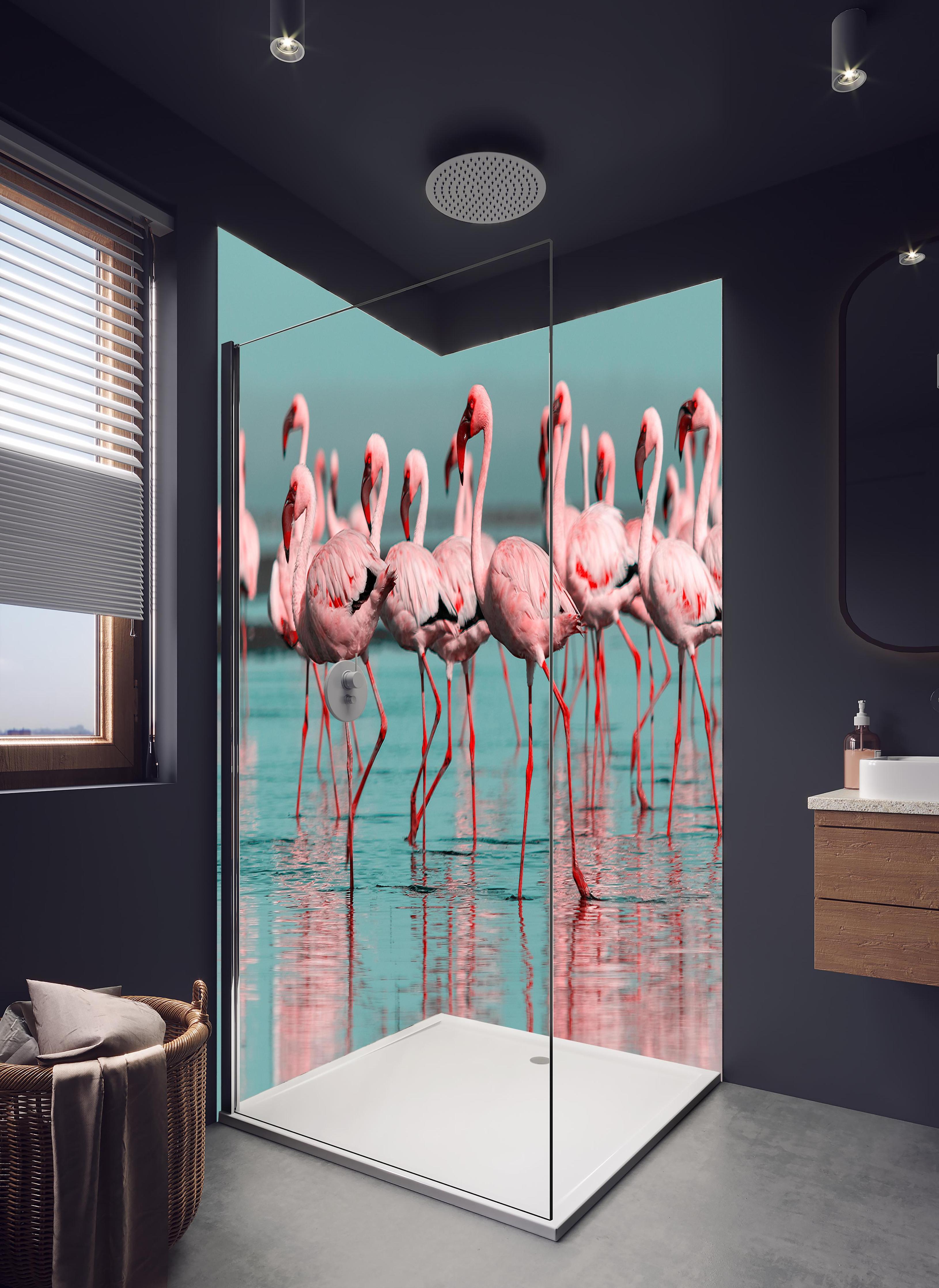 Duschrückwand - Wilde Flamingo auf dem Wasser in hellem Badezimmer mit Regenduschkopf - zweiteilige Eck-Duschrückwand