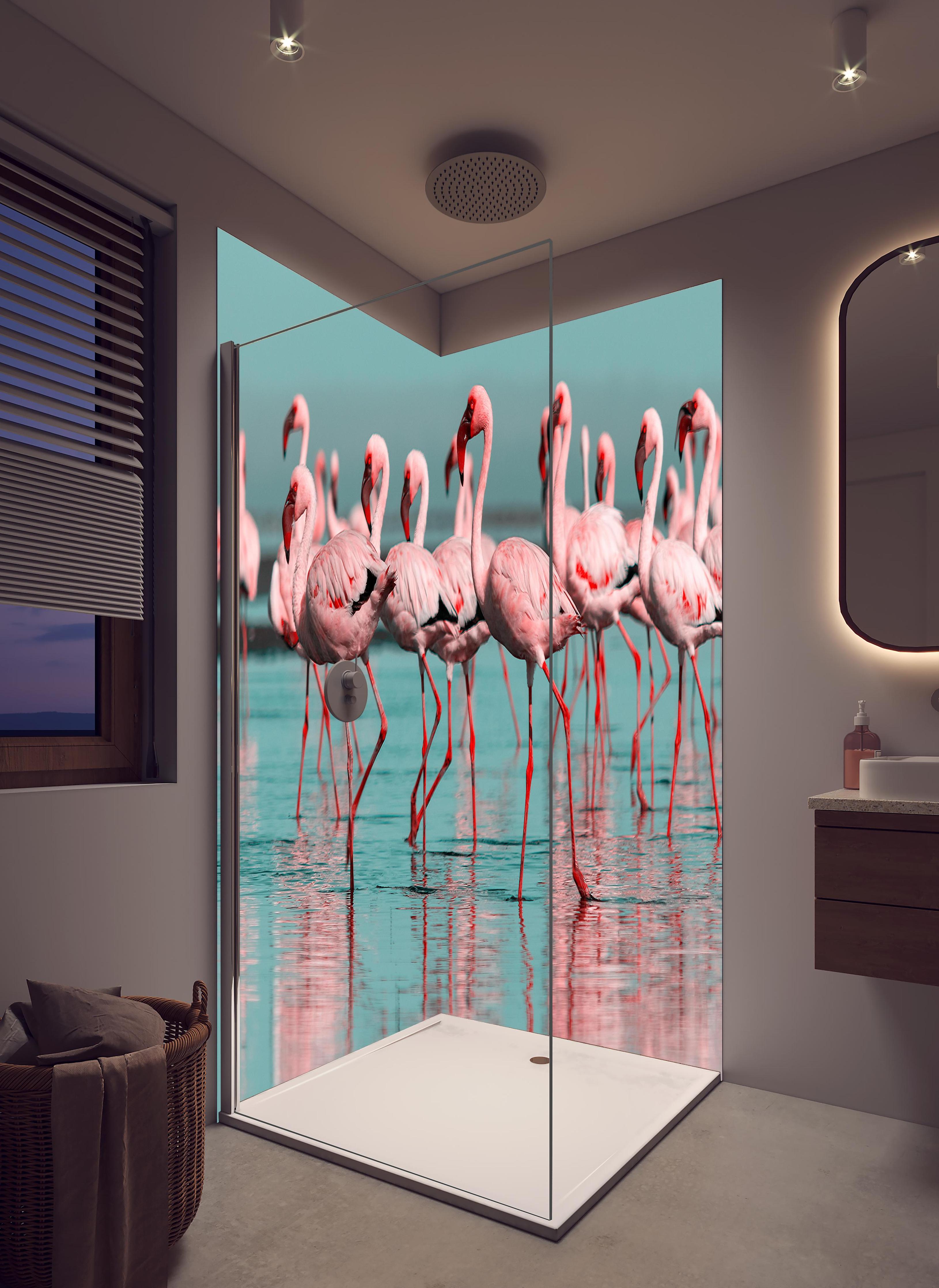 Duschrückwand - Wilde Flamingo auf dem Wasser in hellem Badezimmer mit Regenduschkopf - zweiteilige Eck-Duschrückwand