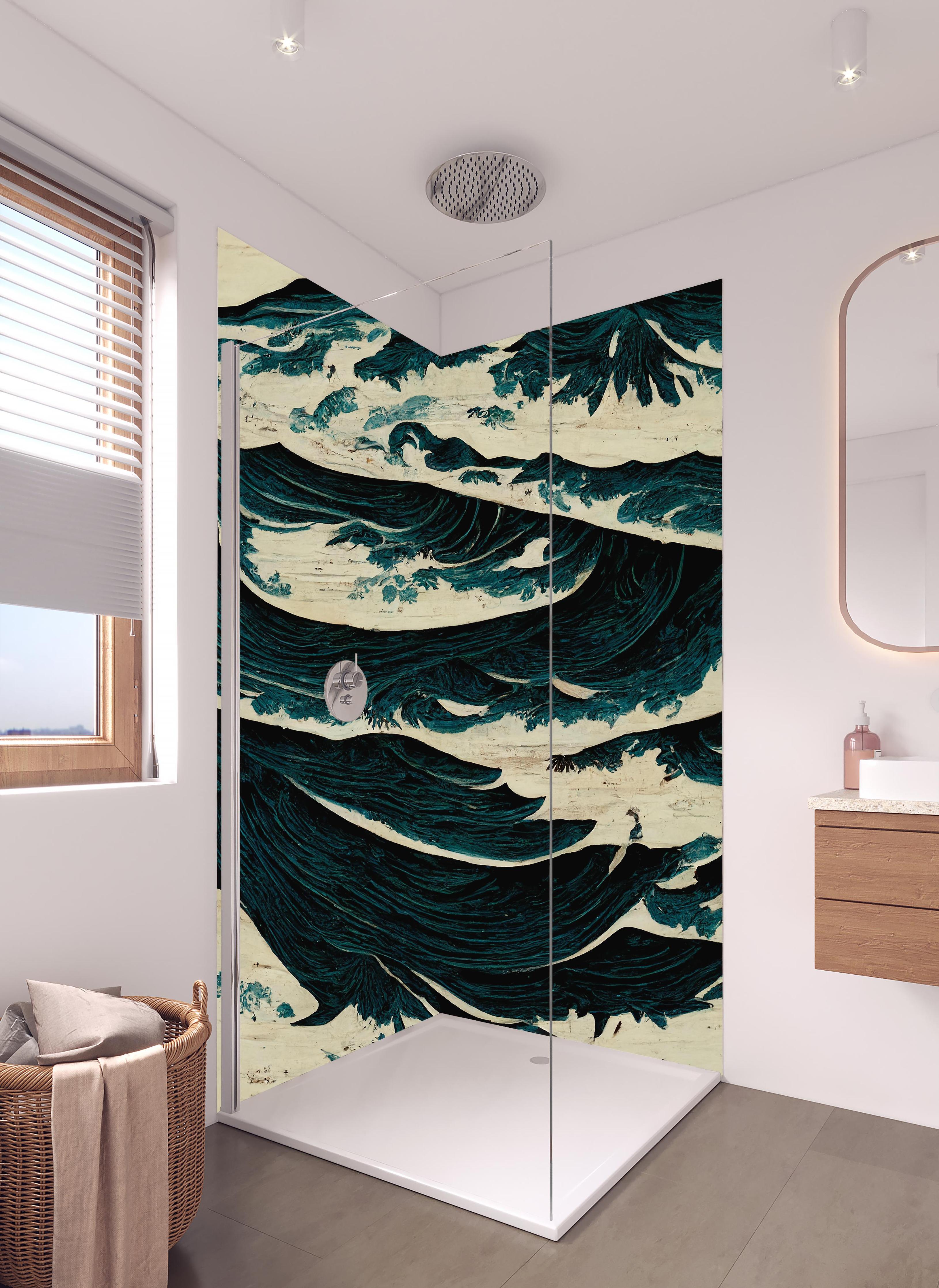 Duschrückwand - Wilde Wellen - Gemälde in hellem Badezimmer mit Regenduschkopf - zweiteilige Eck-Duschrückwand