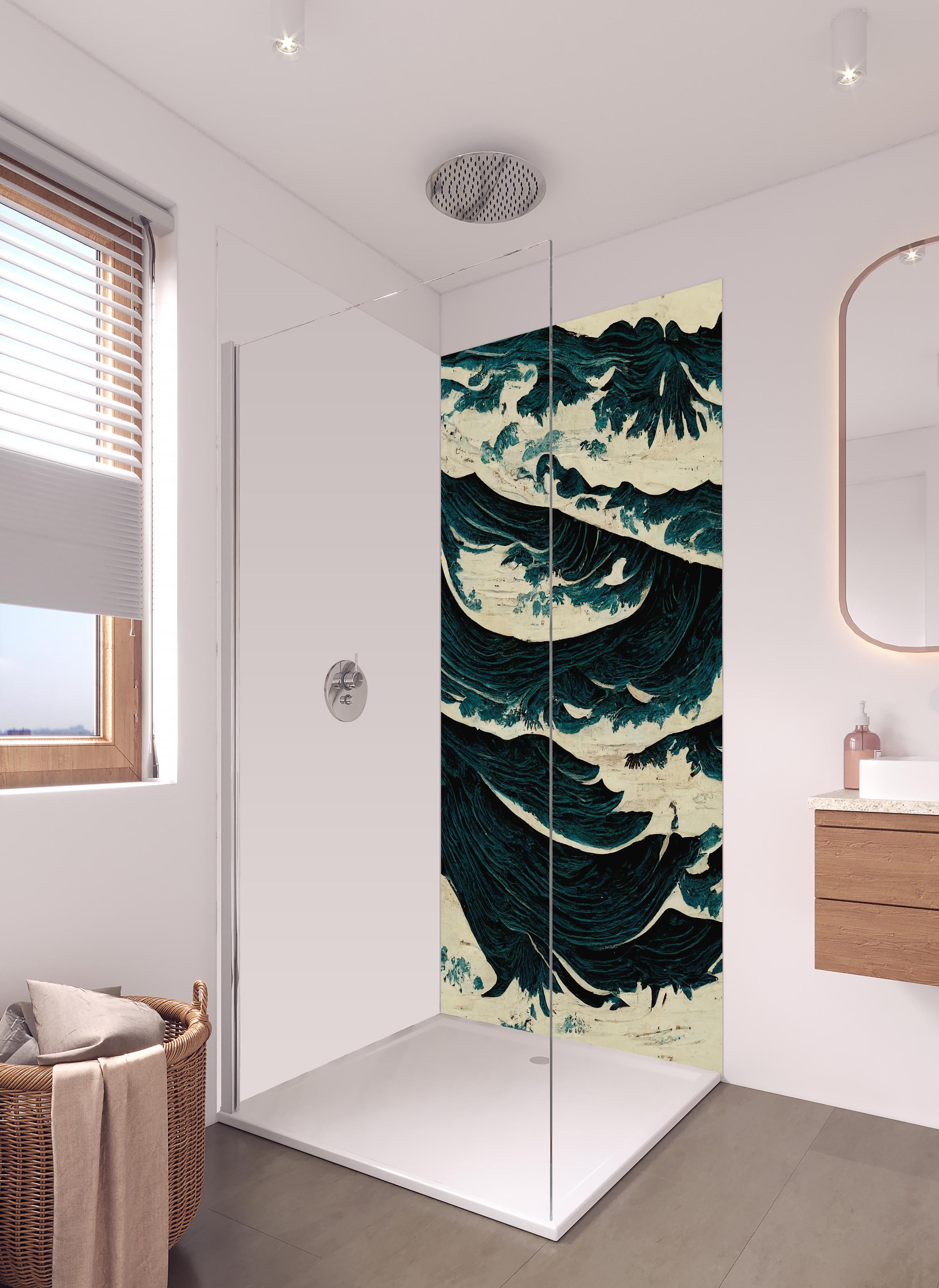 Duschrückwand - Wilde Wellen - Gemälde in hellem Badezimmer mit Regenduschkopf - zweiteilige Eck-Duschrückwand