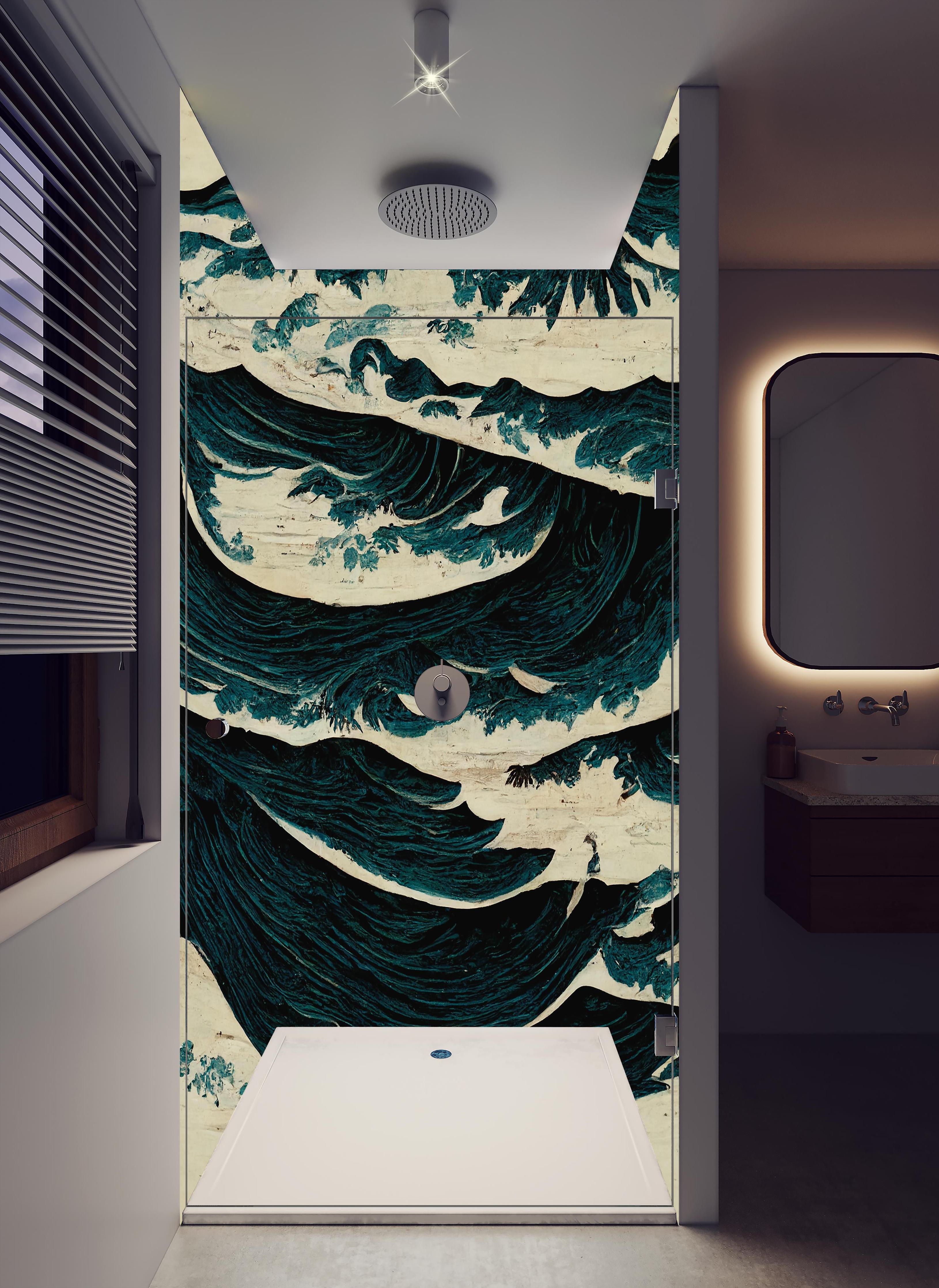 Duschrückwand - Wilde Wellen - Gemälde in hellem Badezimmer mit Regenduschkopf - zweiteilige Eck-Duschrückwand