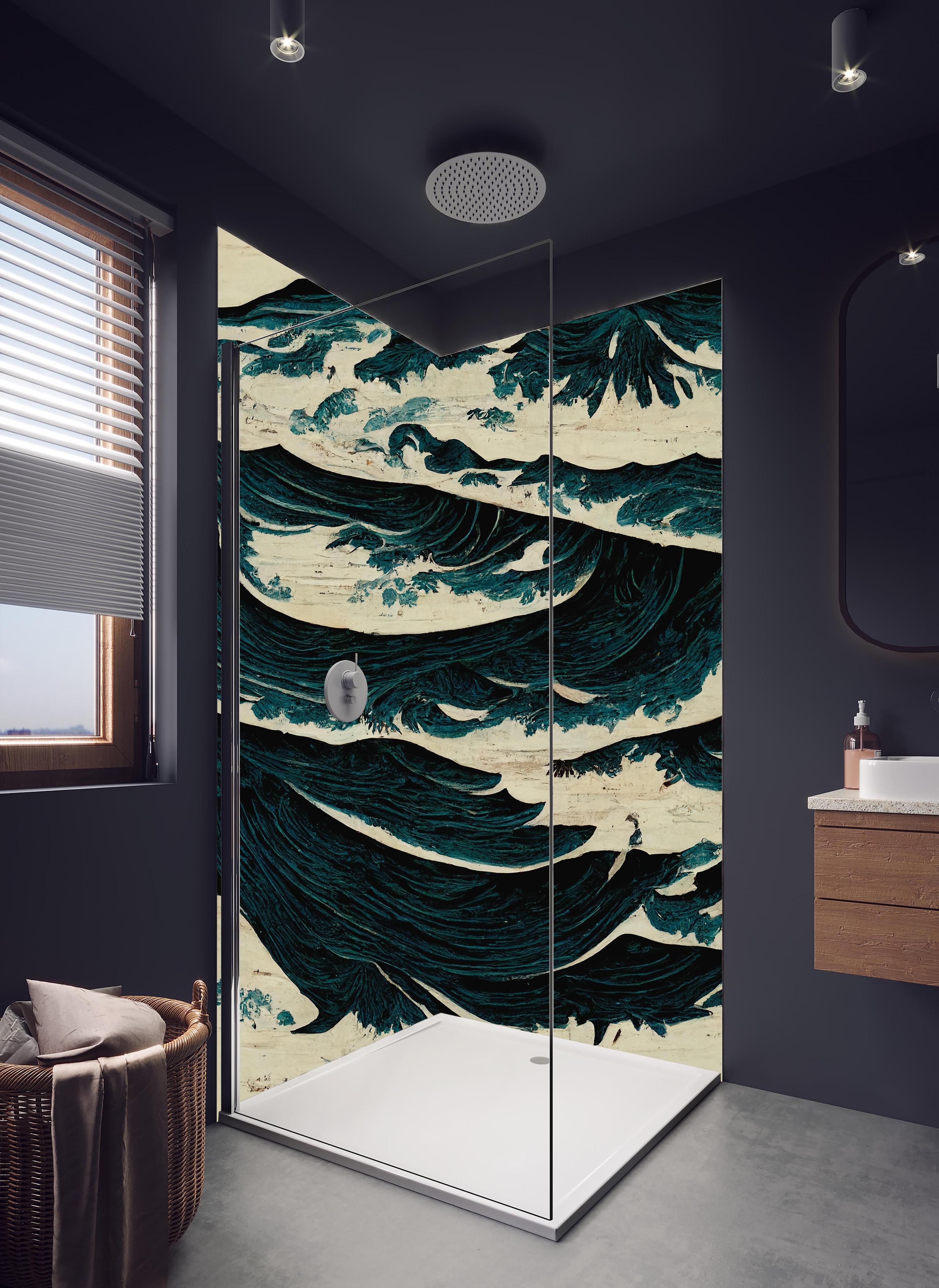 Duschrückwand - Wilde Wellen - Gemälde in hellem Badezimmer mit Regenduschkopf - zweiteilige Eck-Duschrückwand