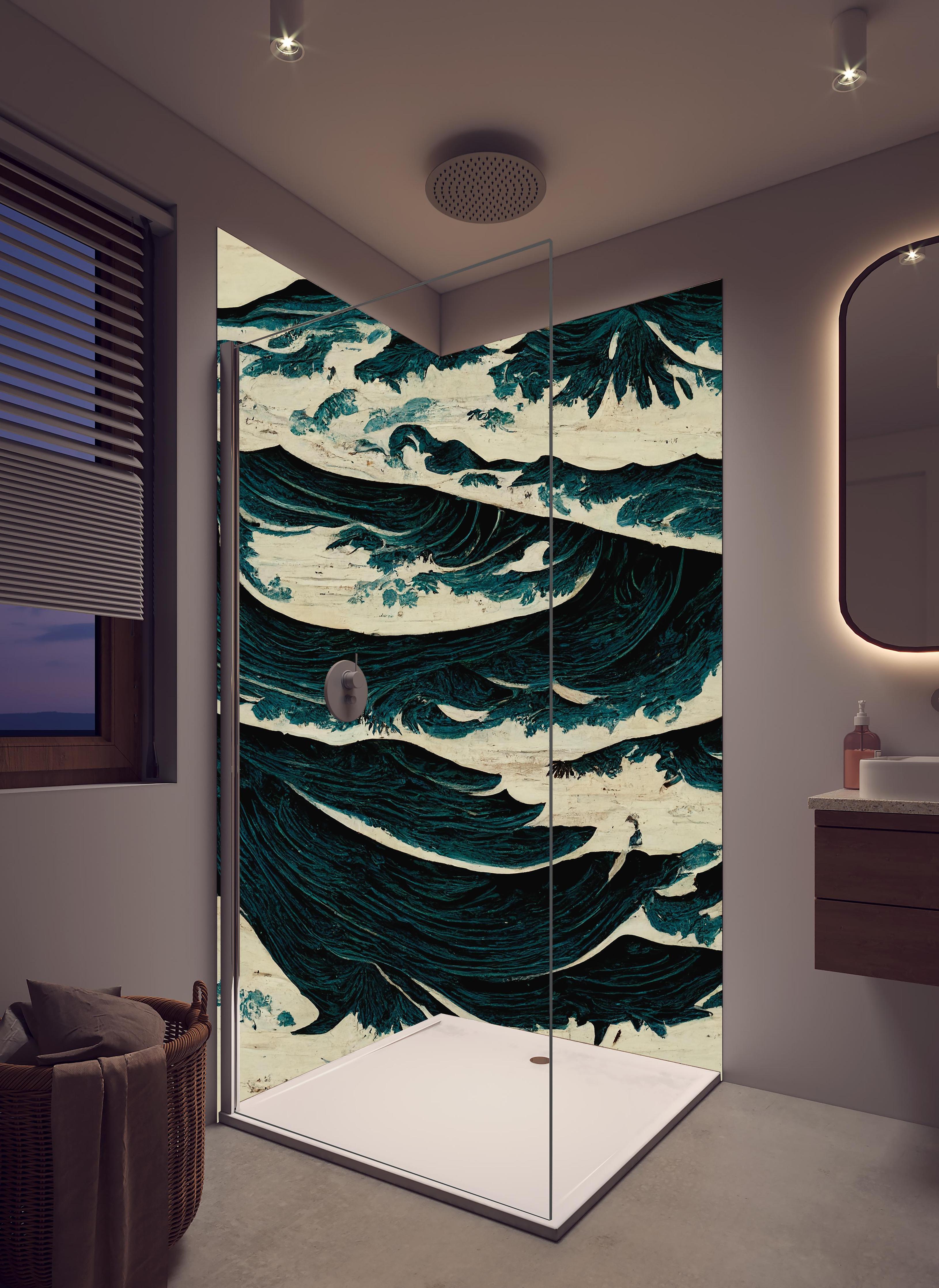 Duschrückwand - Wilde Wellen - Gemälde in hellem Badezimmer mit Regenduschkopf - zweiteilige Eck-Duschrückwand