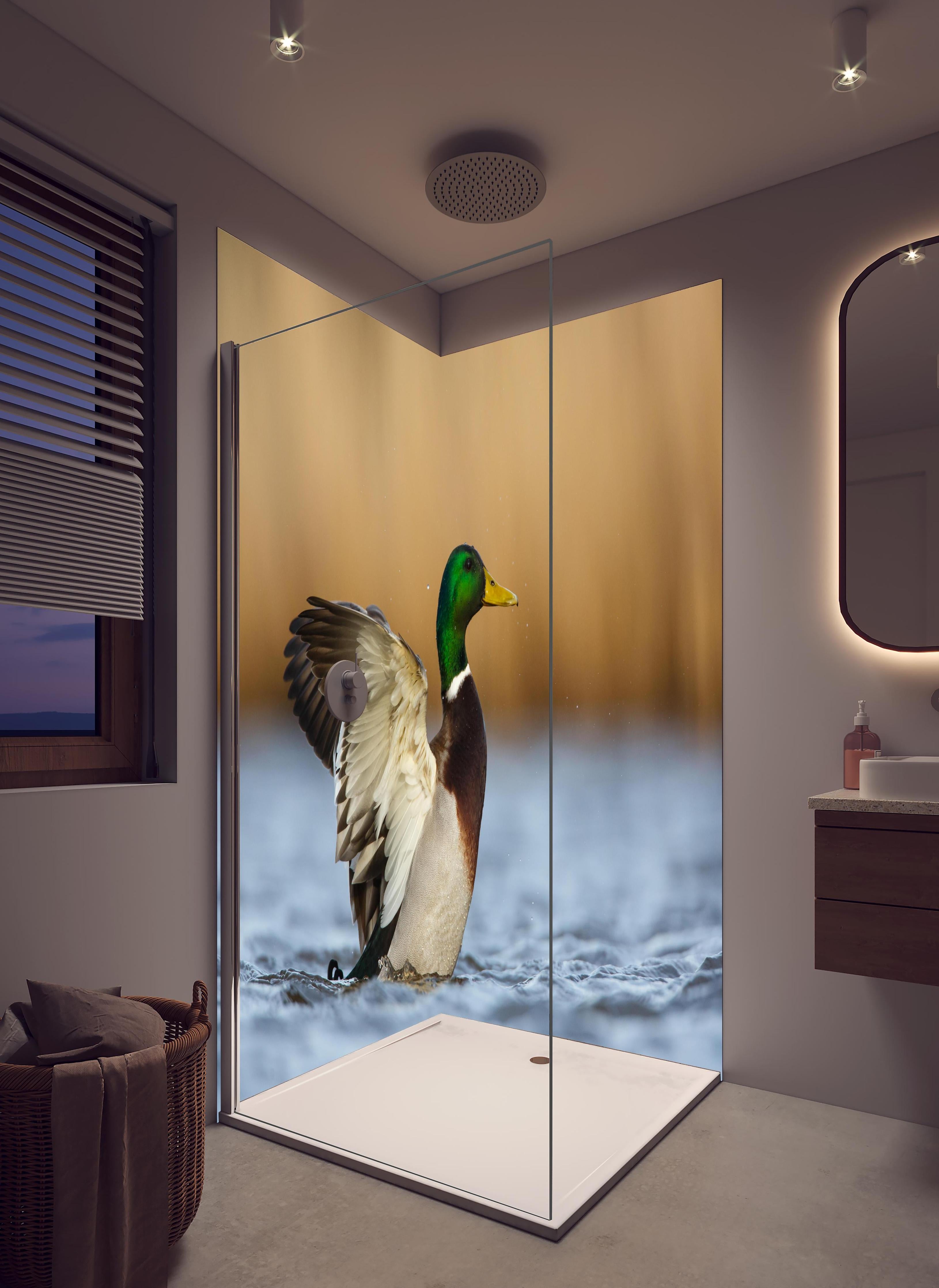 Duschrückwand - Wildente auf dem Wasser in hellem Badezimmer mit Regenduschkopf - zweiteilige Eck-Duschrückwand