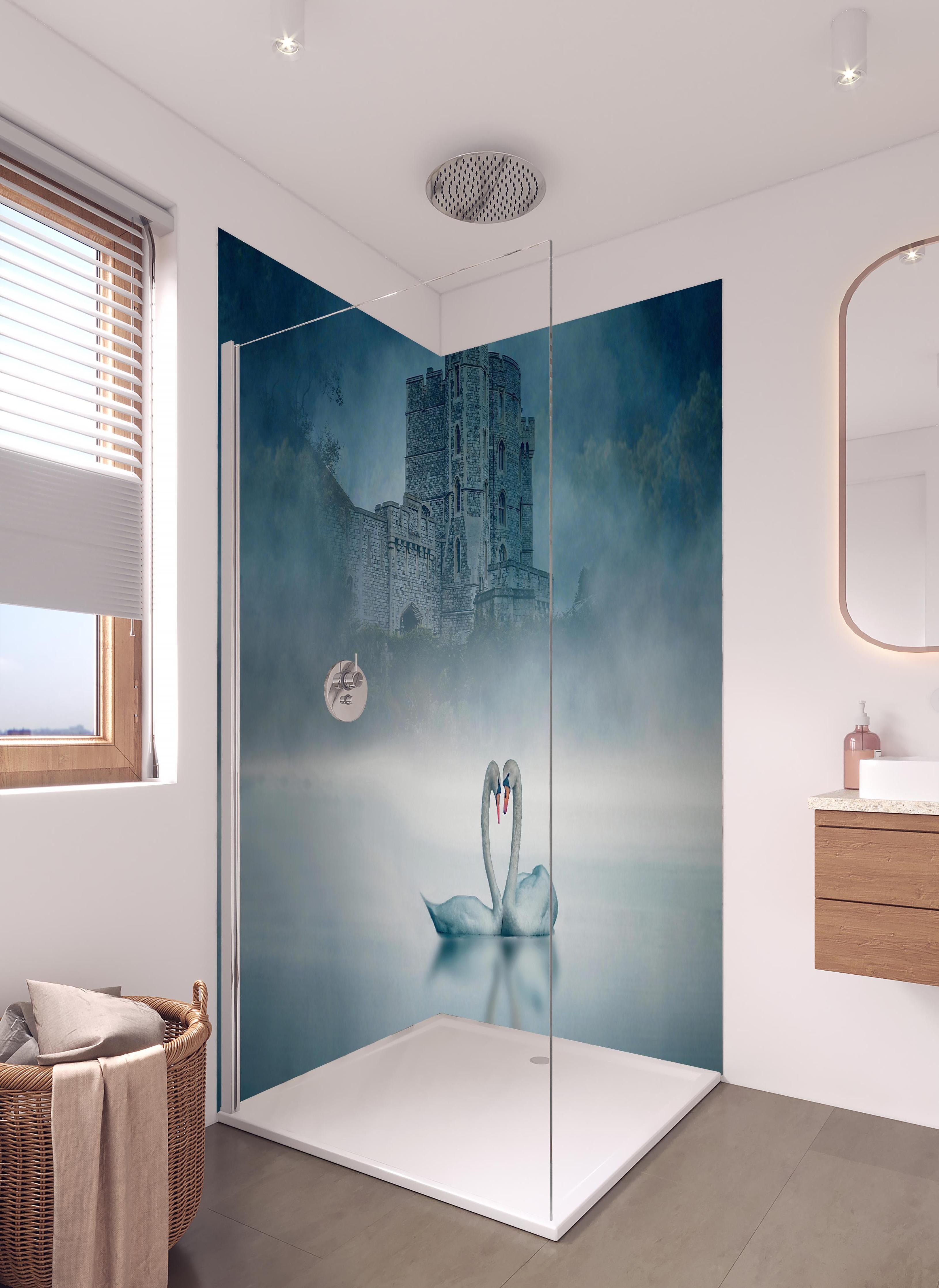 Duschrückwand - Windsor Castle mit Schwan in hellem Badezimmer mit Regenduschkopf - zweiteilige Eck-Duschrückwand