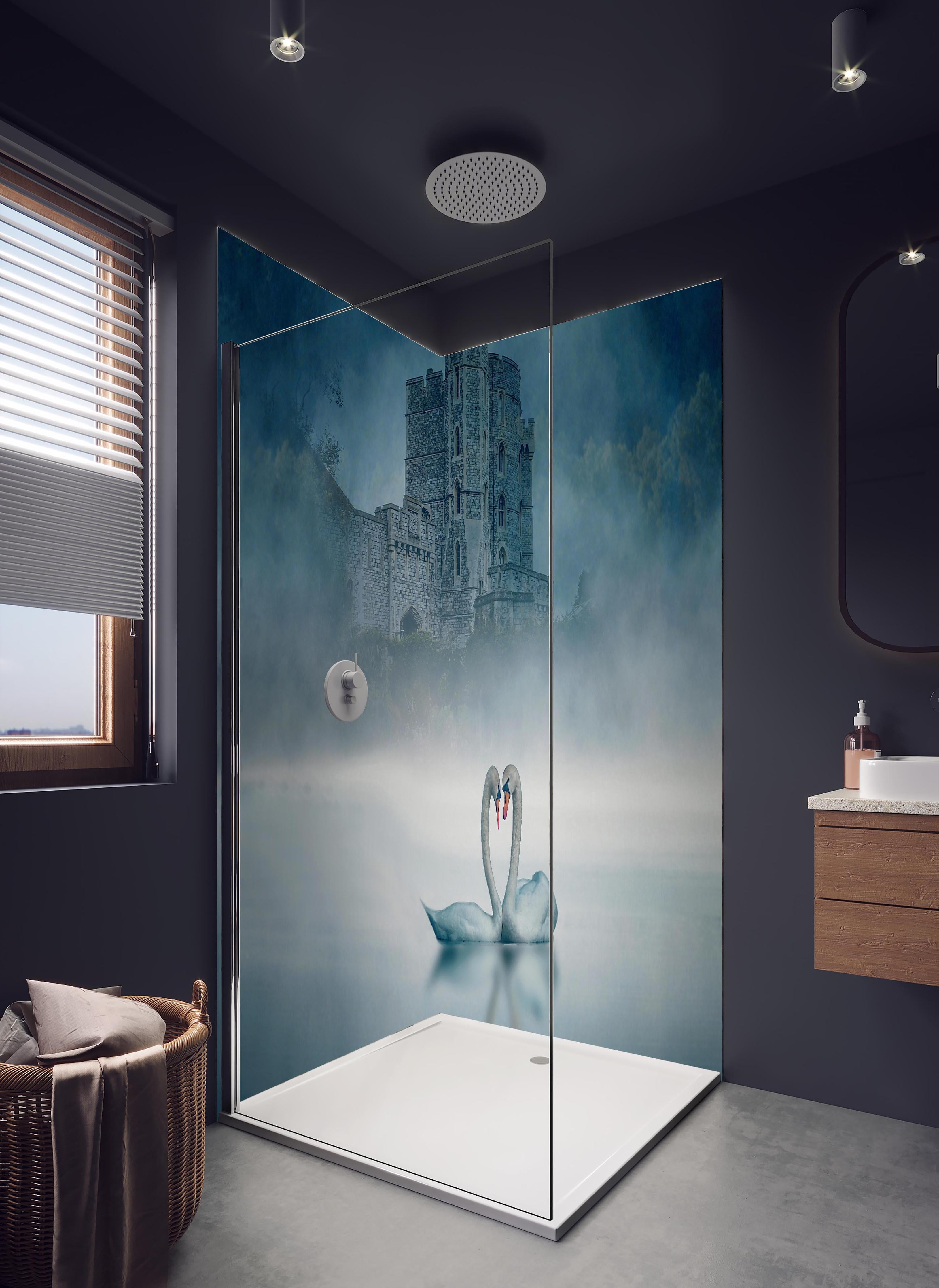 Duschrückwand - Windsor Castle mit Schwan in hellem Badezimmer mit Regenduschkopf - zweiteilige Eck-Duschrückwand