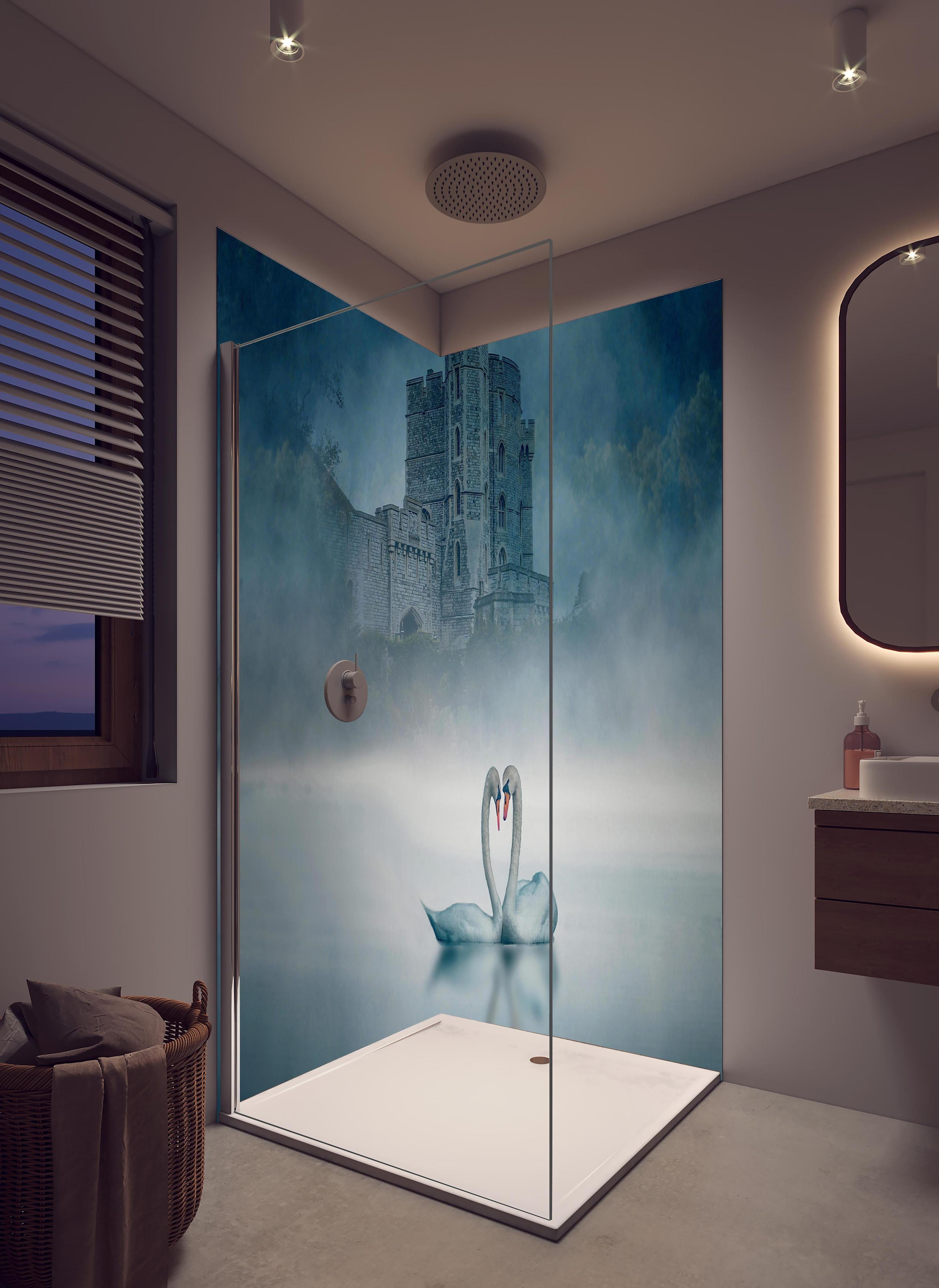 Duschrückwand - Windsor Castle mit Schwan in hellem Badezimmer mit Regenduschkopf - zweiteilige Eck-Duschrückwand