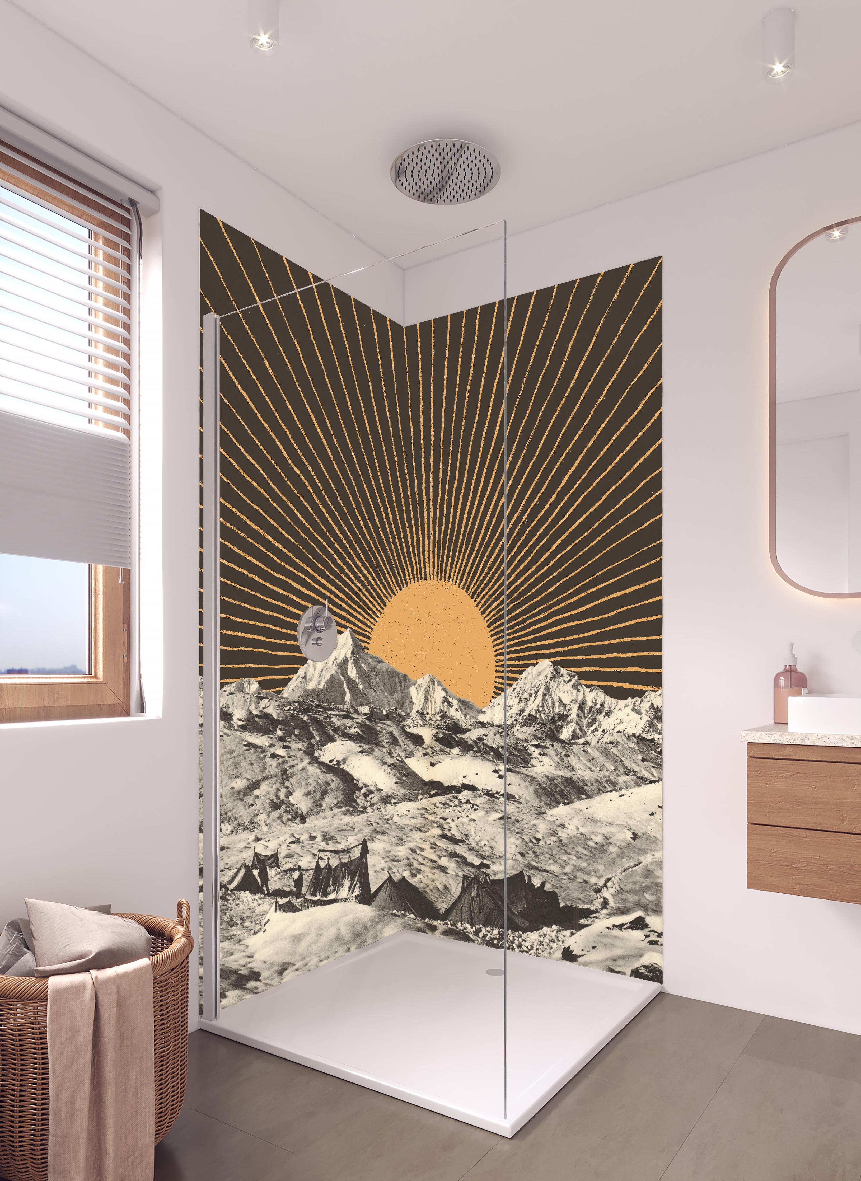 Duschrückwand - Winter Berge Sonnenstrahlen Kunstwerk in hellem Badezimmer mit Regenduschkopf - zweiteilige Eck-Duschrückwand