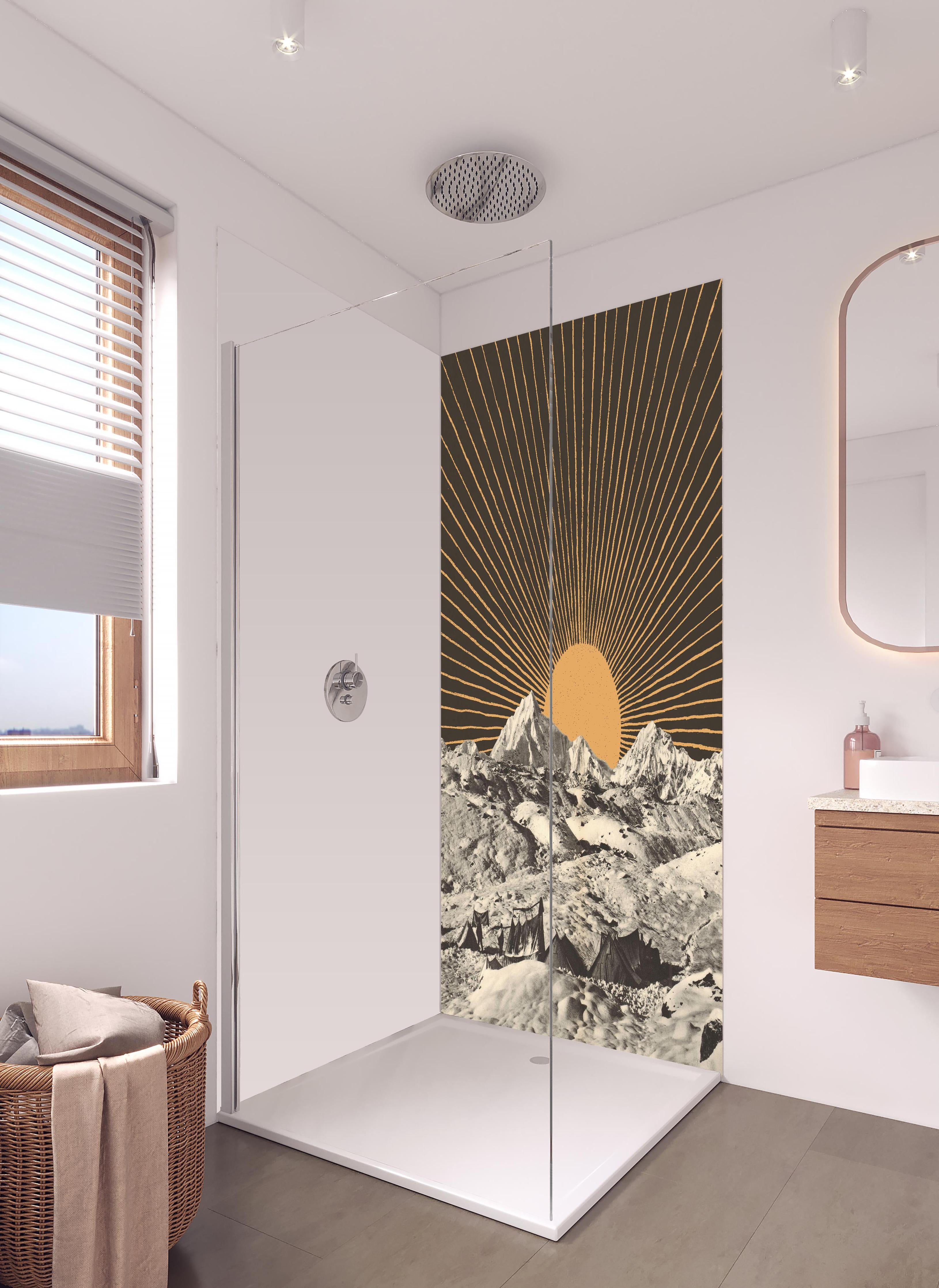 Duschrückwand - Winter Berge Sonnenstrahlen Kunstwerk in hellem Badezimmer mit Regenduschkopf - zweiteilige Eck-Duschrückwand