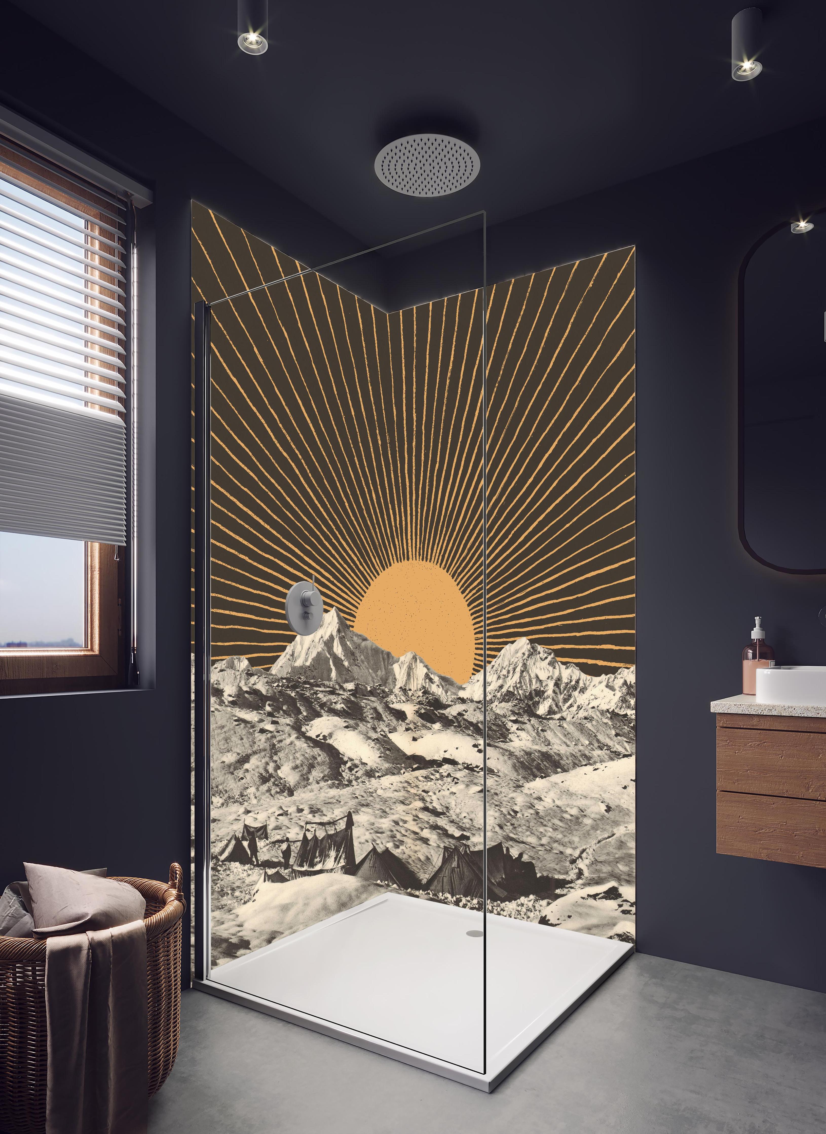 Duschrückwand - Winter Berge Sonnenstrahlen Kunstwerk in hellem Badezimmer mit Regenduschkopf - zweiteilige Eck-Duschrückwand