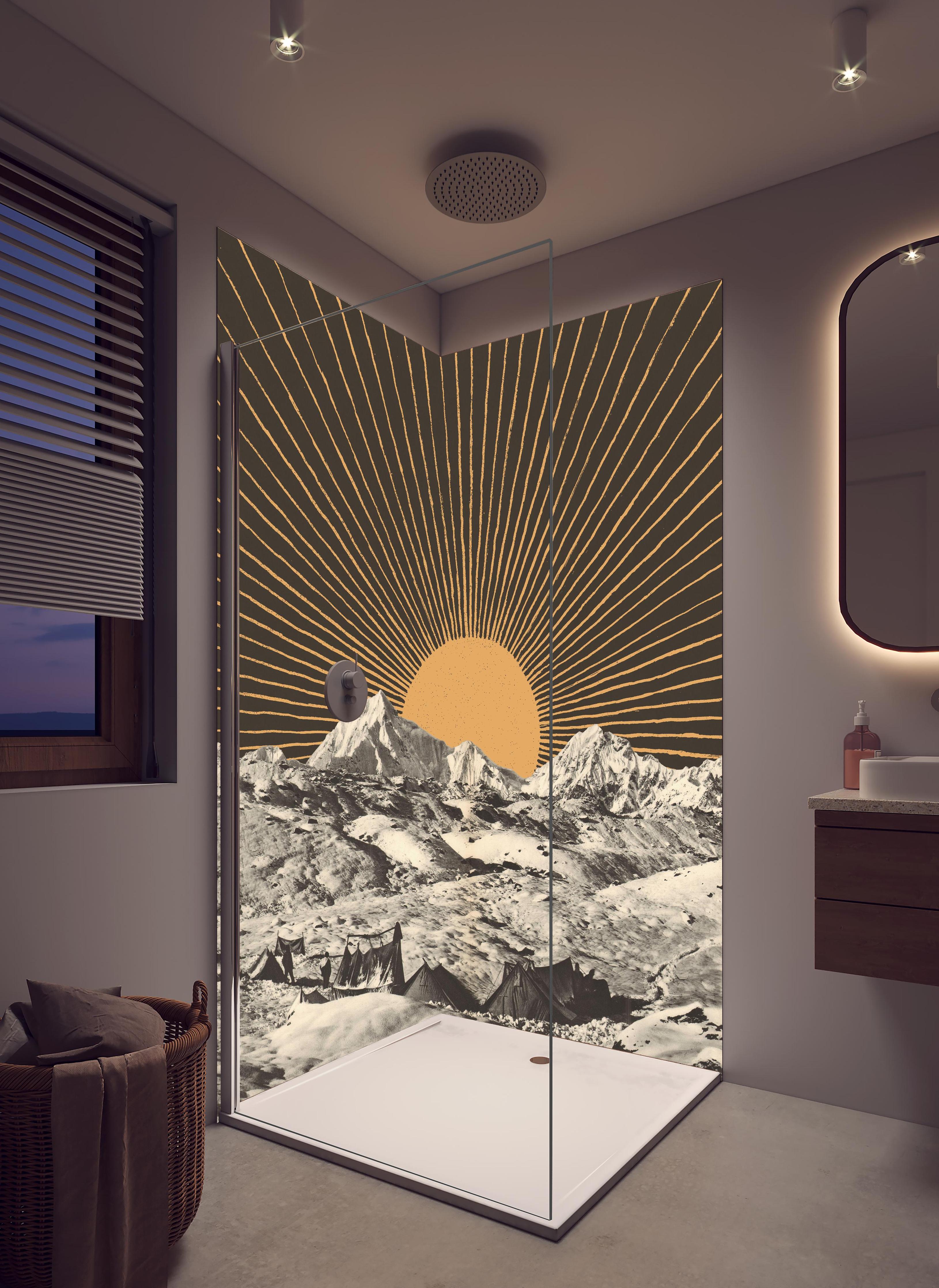 Duschrückwand - Winter Berge Sonnenstrahlen Kunstwerk in hellem Badezimmer mit Regenduschkopf - zweiteilige Eck-Duschrückwand