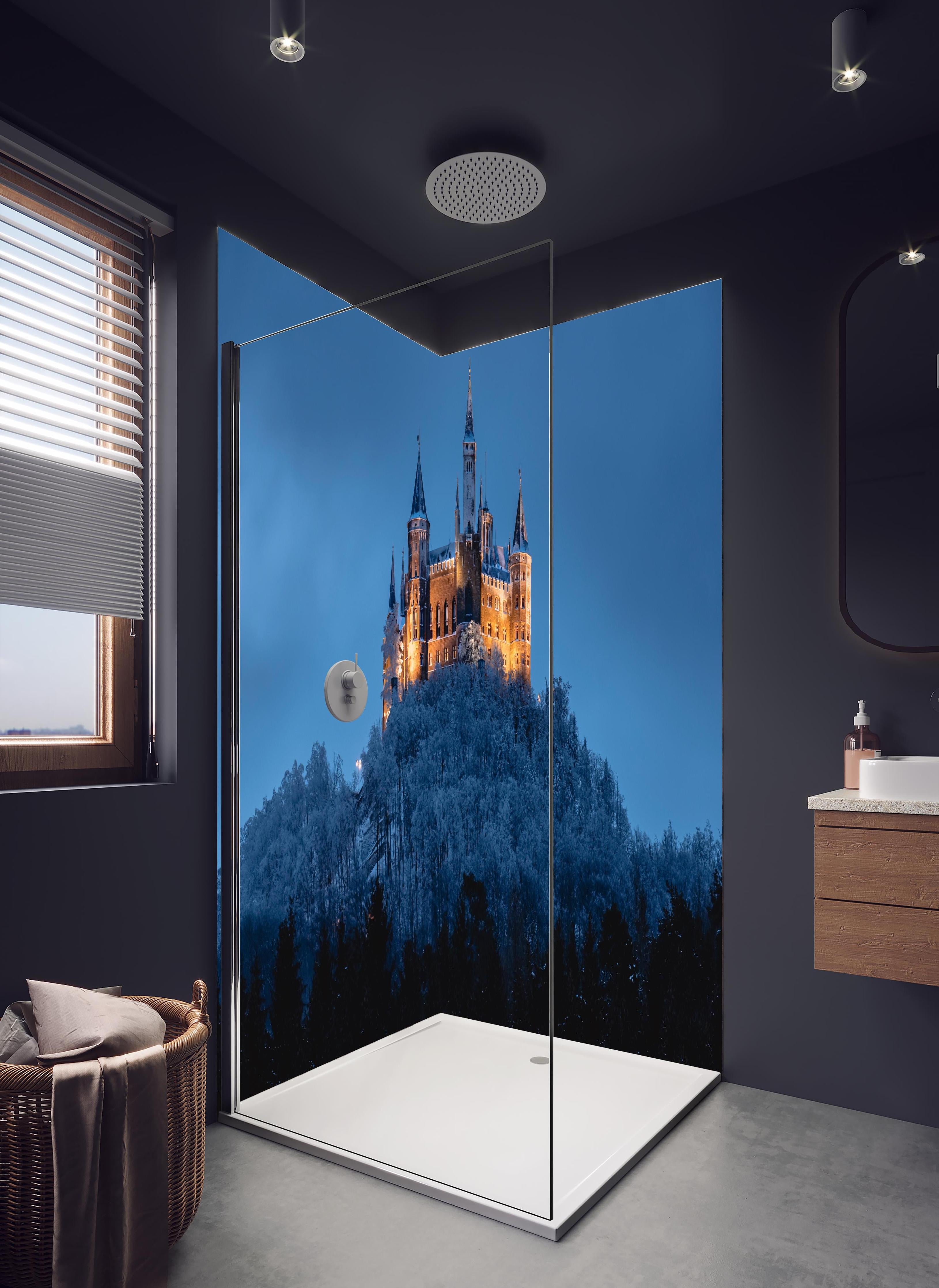 Duschrückwand - Winterliche Atmosphäre - Burg von Hohenzollern in hellem Badezimmer mit Regenduschkopf - zweiteilige Eck-Duschrückwand