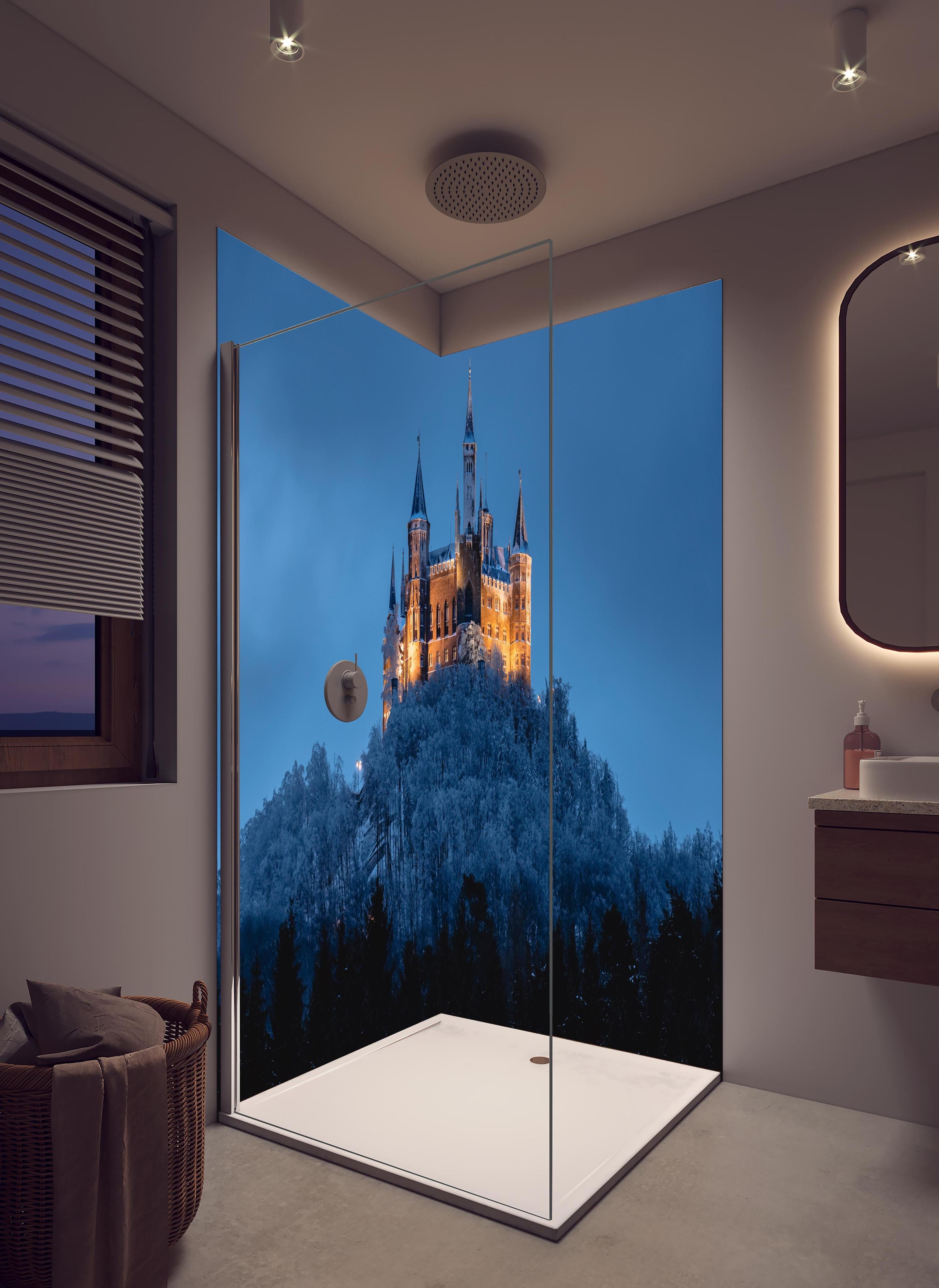 Duschrückwand - Winterliche Atmosphäre - Burg von Hohenzollern in hellem Badezimmer mit Regenduschkopf - zweiteilige Eck-Duschrückwand