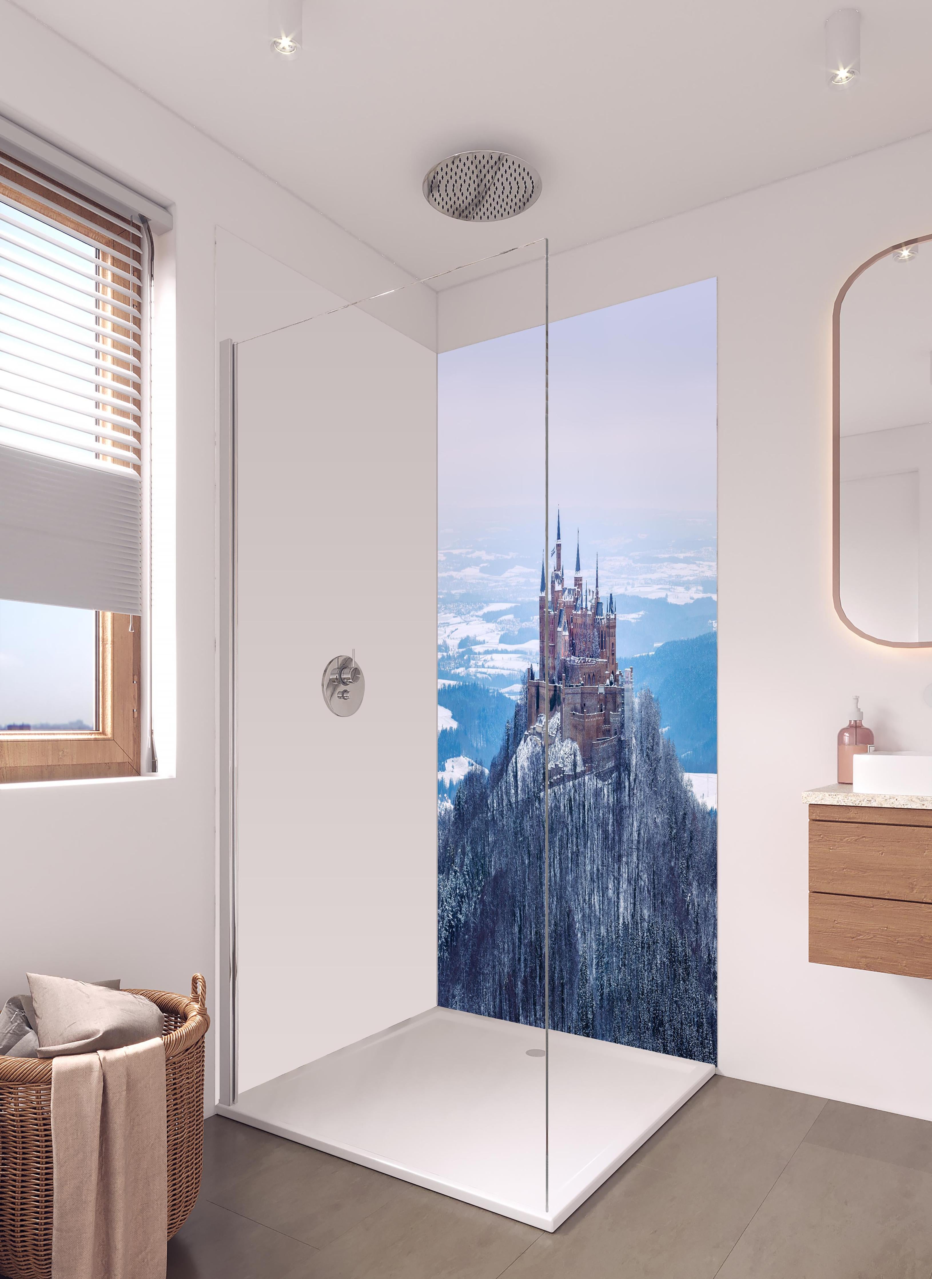 Duschrückwand - Winterliche Burg von Hohenzollern in hellem Badezimmer mit Regenduschkopf - zweiteilige Eck-Duschrückwand