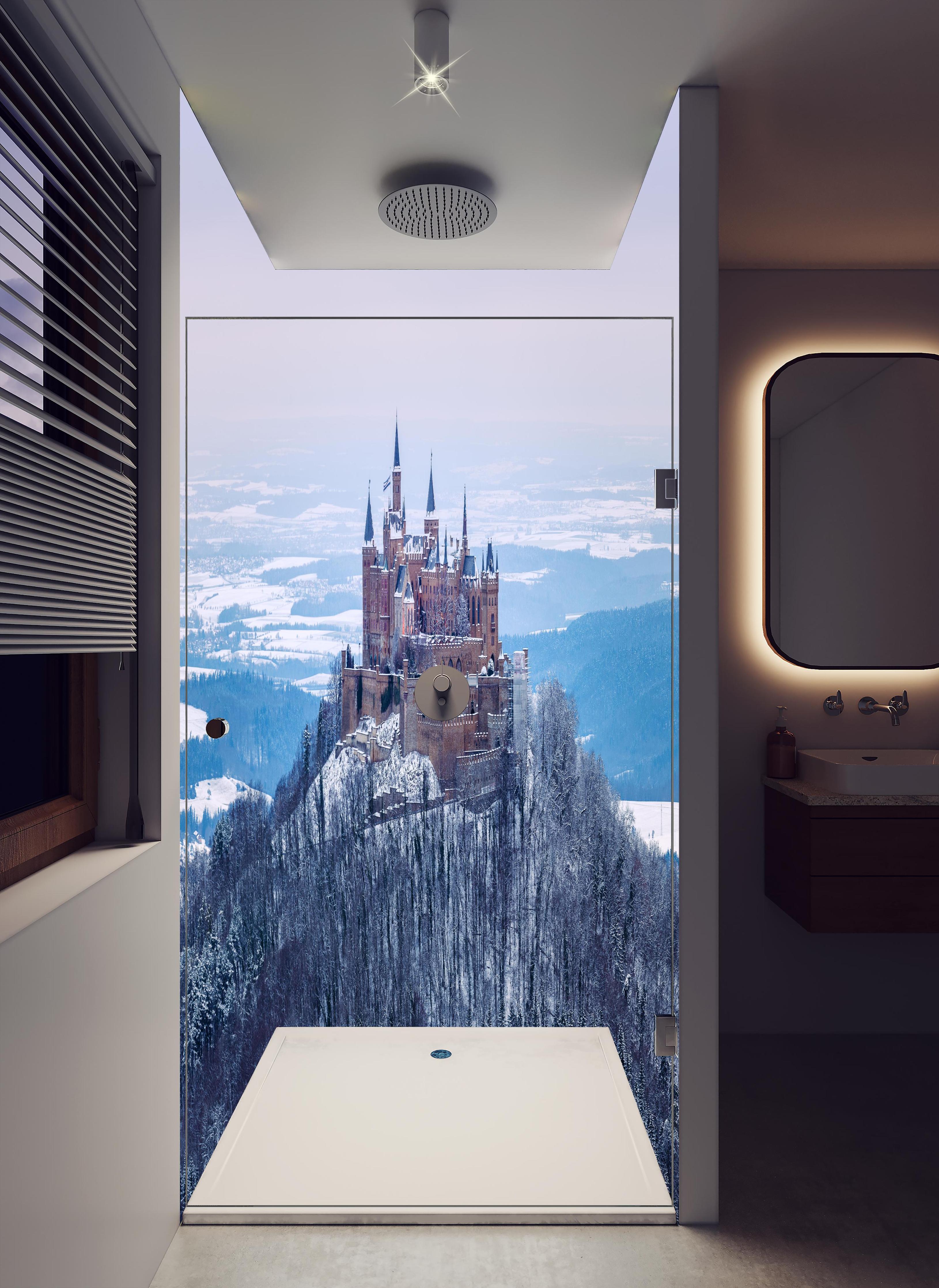 Duschrückwand - Winterliche Burg von Hohenzollern in hellem Badezimmer mit Regenduschkopf - zweiteilige Eck-Duschrückwand