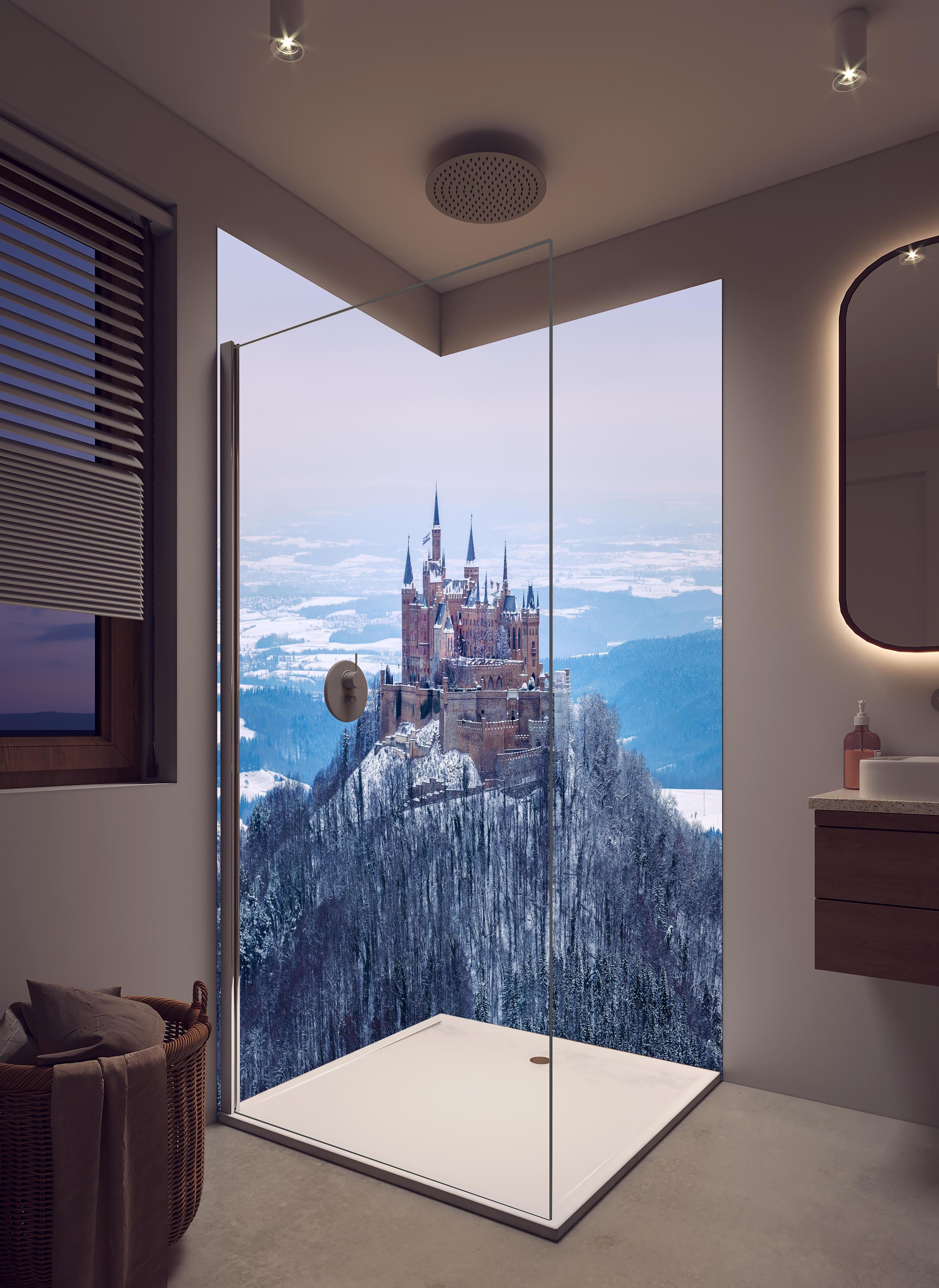 Duschrückwand - Winterliche Burg von Hohenzollern in hellem Badezimmer mit Regenduschkopf - zweiteilige Eck-Duschrückwand