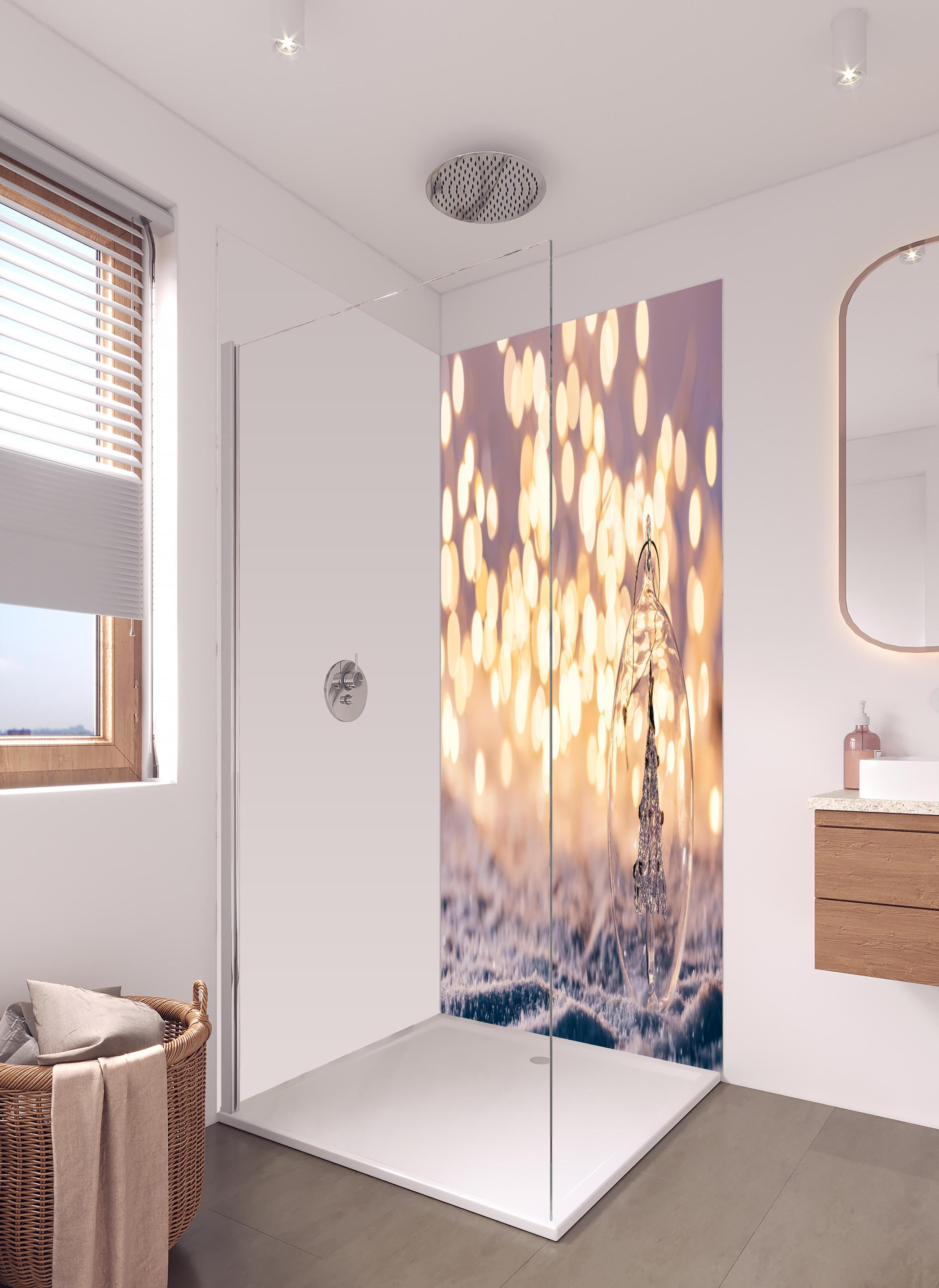 Duschrückwand - Winterliche Weihnachtskugel mit Baum-Motiv in hellem Badezimmer mit Regenduschkopf - zweiteilige Eck-Duschrückwand