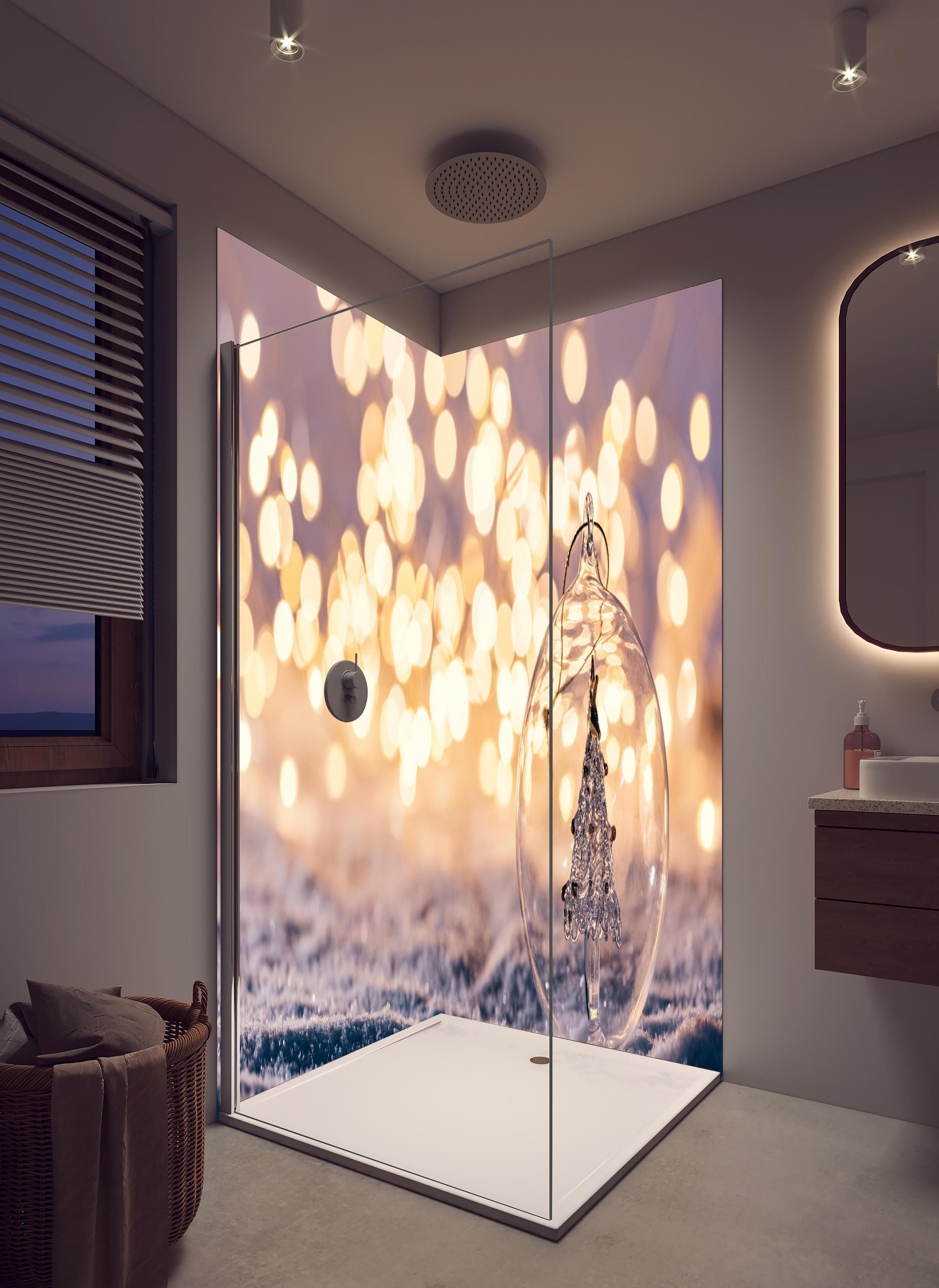 Duschrückwand - Winterliche Weihnachtskugel mit Baum-Motiv in hellem Badezimmer mit Regenduschkopf - zweiteilige Eck-Duschrückwand