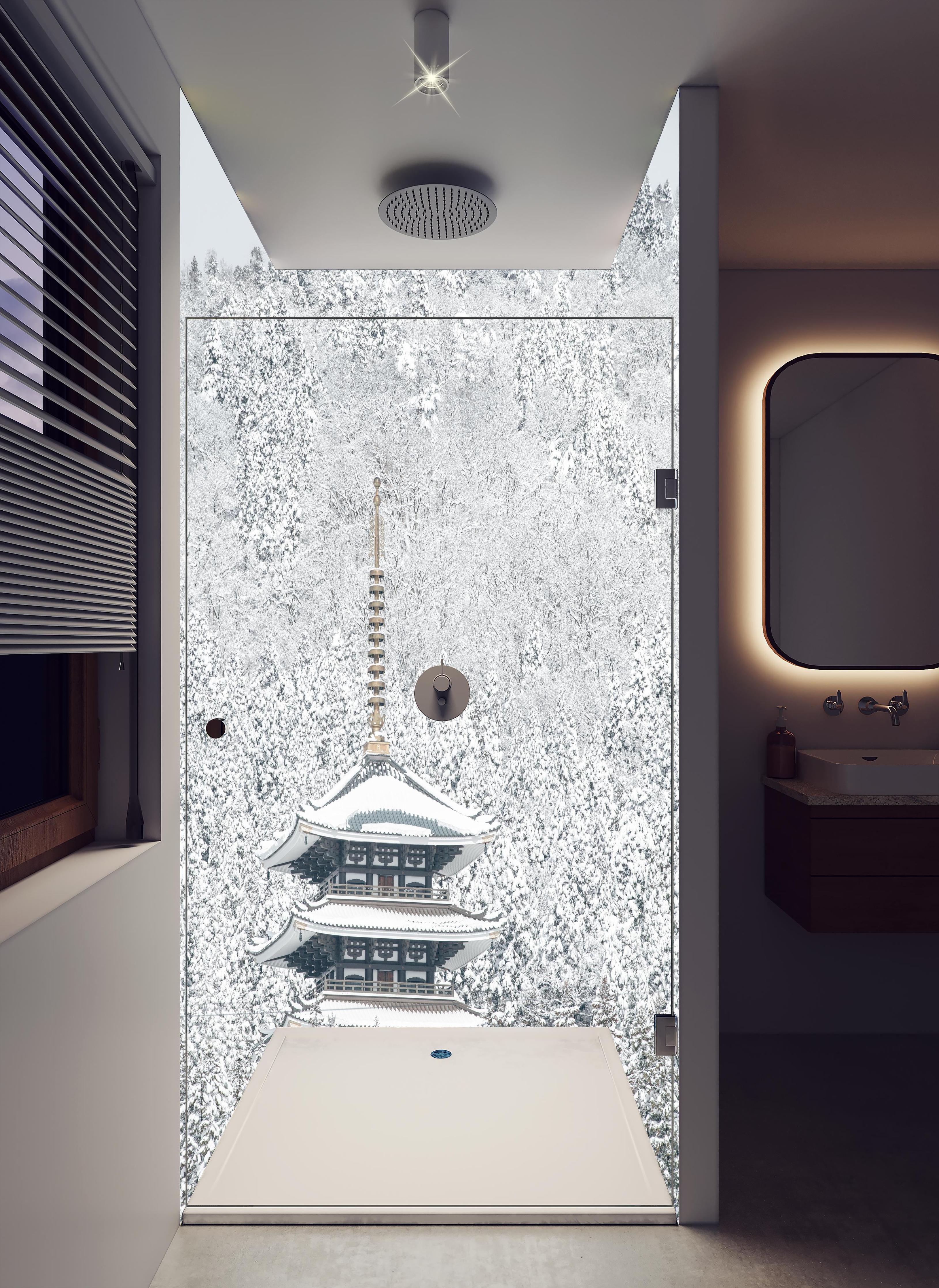 Duschrückwand - Winterlicher Turm - Buddismus in hellem Badezimmer mit Regenduschkopf - zweiteilige Eck-Duschrückwand