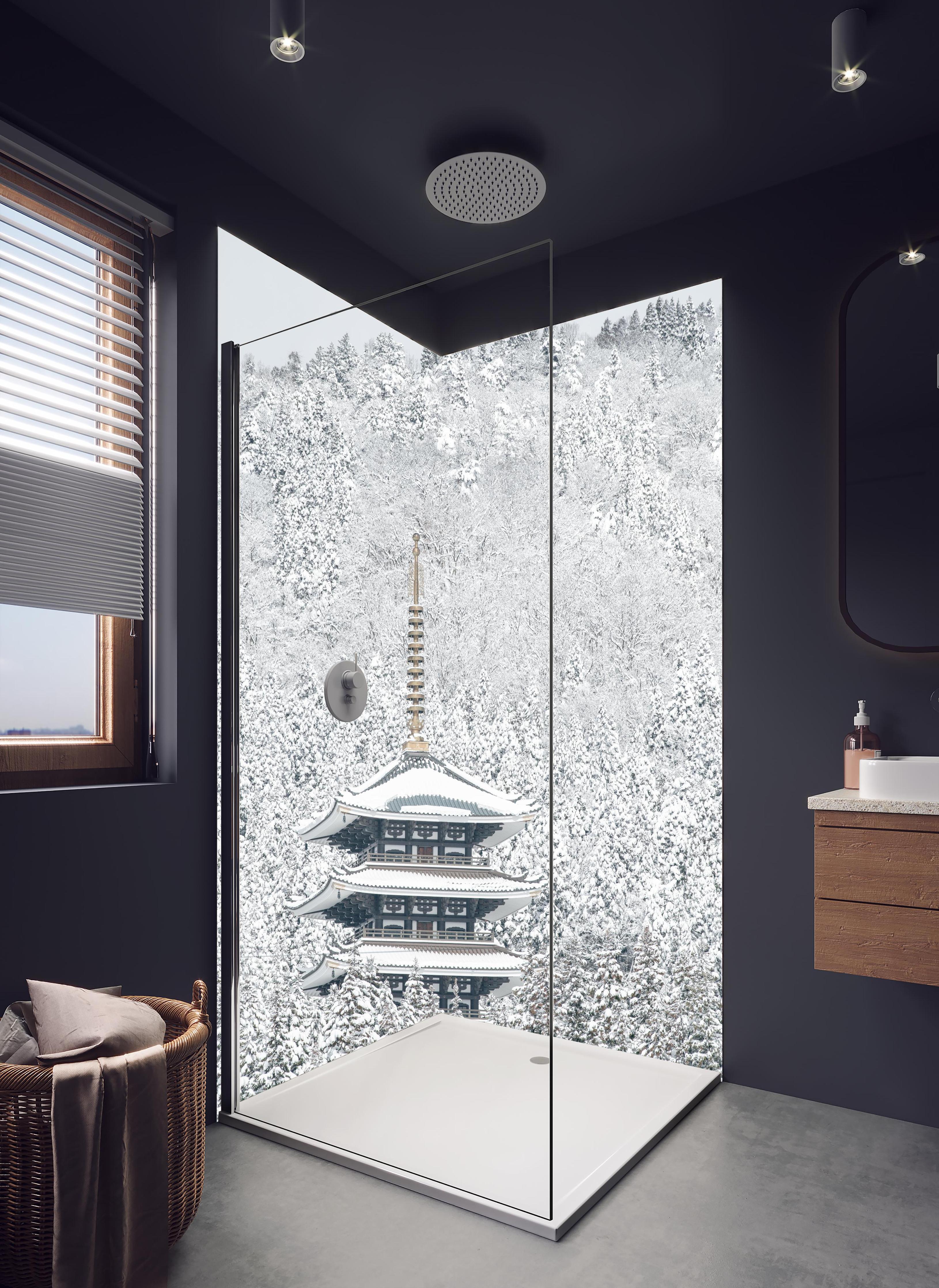 Duschrückwand - Winterlicher Turm - Buddismus in hellem Badezimmer mit Regenduschkopf - zweiteilige Eck-Duschrückwand