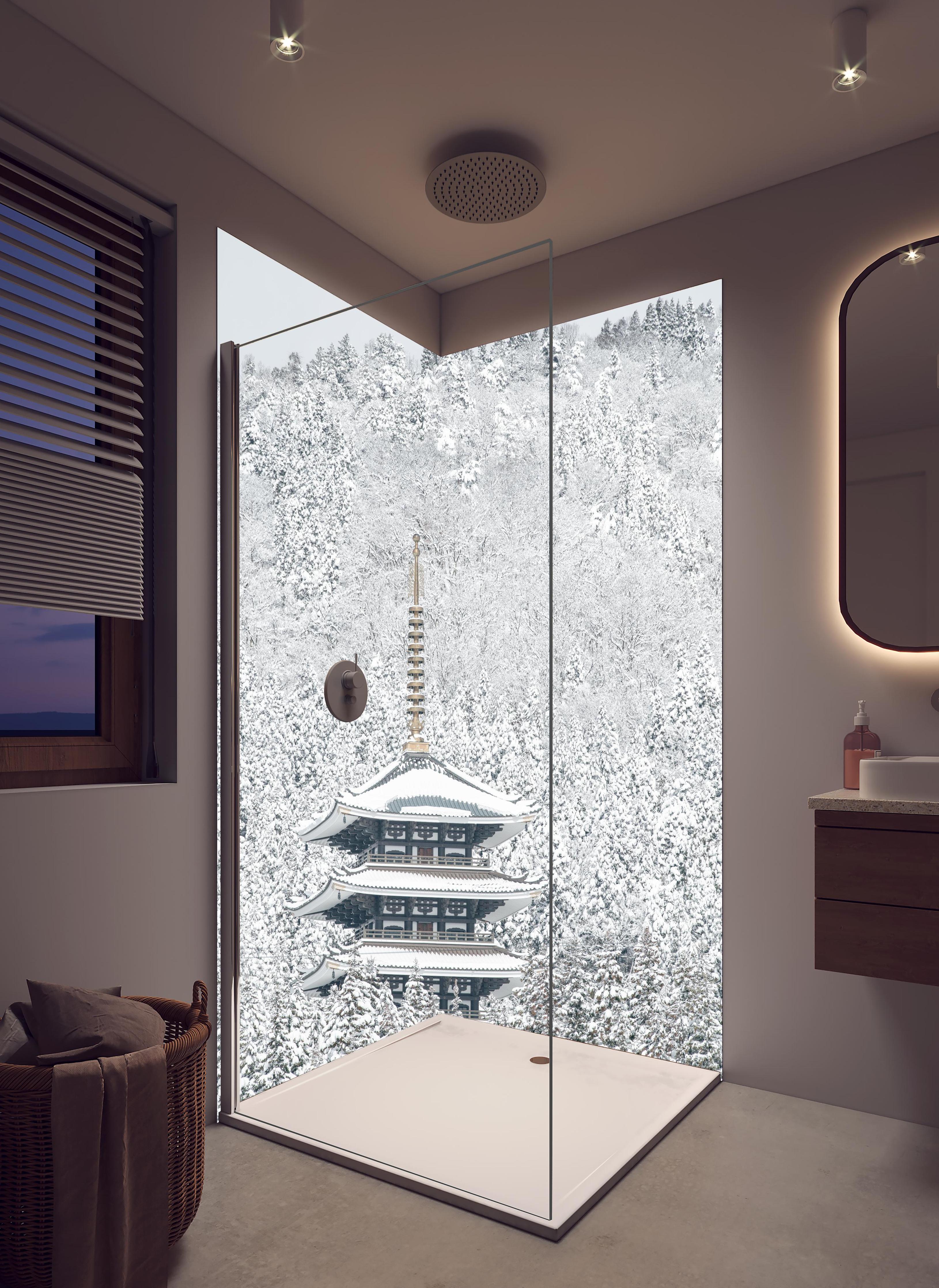 Duschrückwand - Winterlicher Turm - Buddismus in hellem Badezimmer mit Regenduschkopf - zweiteilige Eck-Duschrückwand