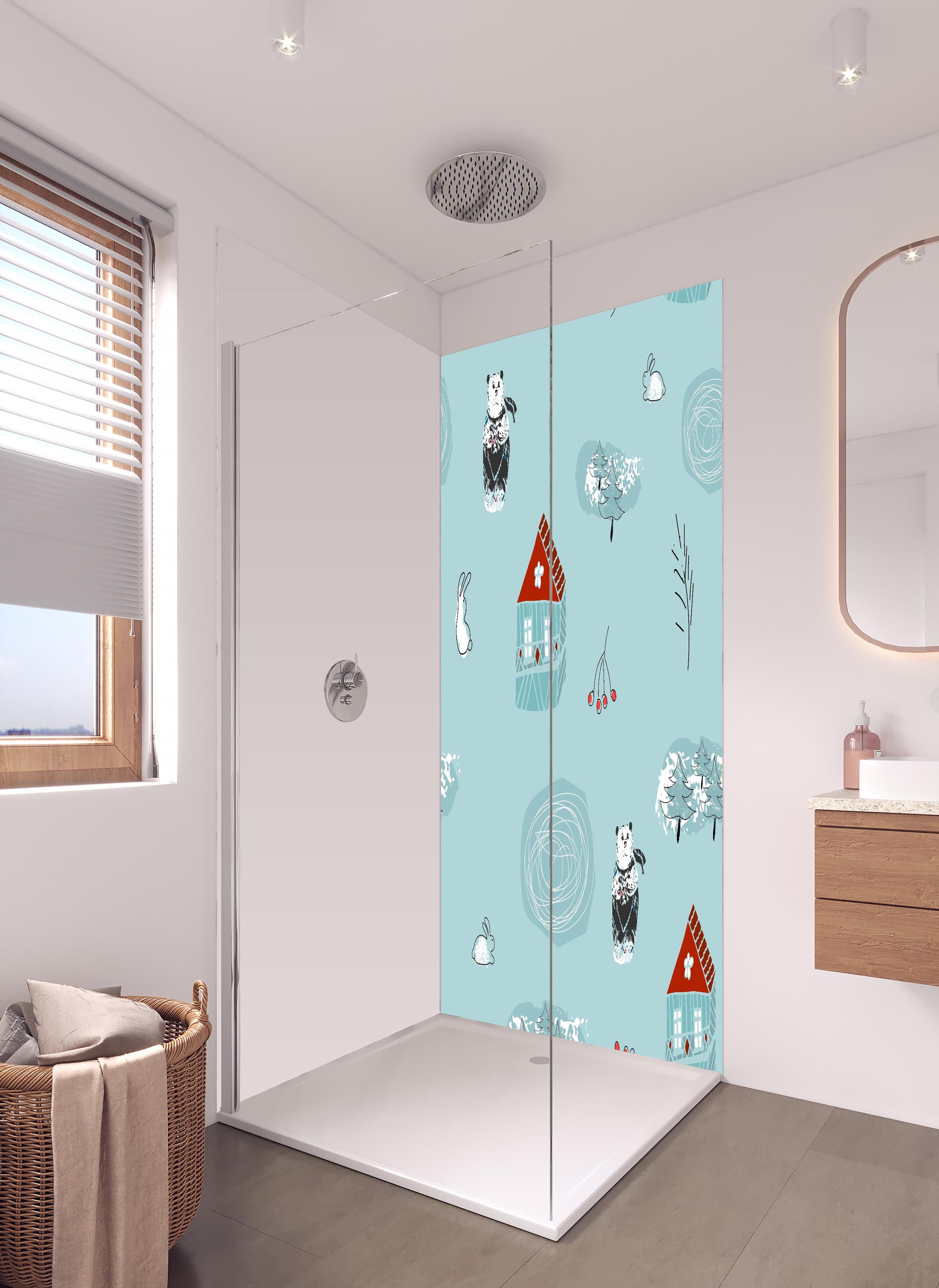 Duschrückwand - Winterliches Kinderzimmer Muster mit Tieren in hellem Badezimmer mit Regenduschkopf - zweiteilige Eck-Duschrückwand