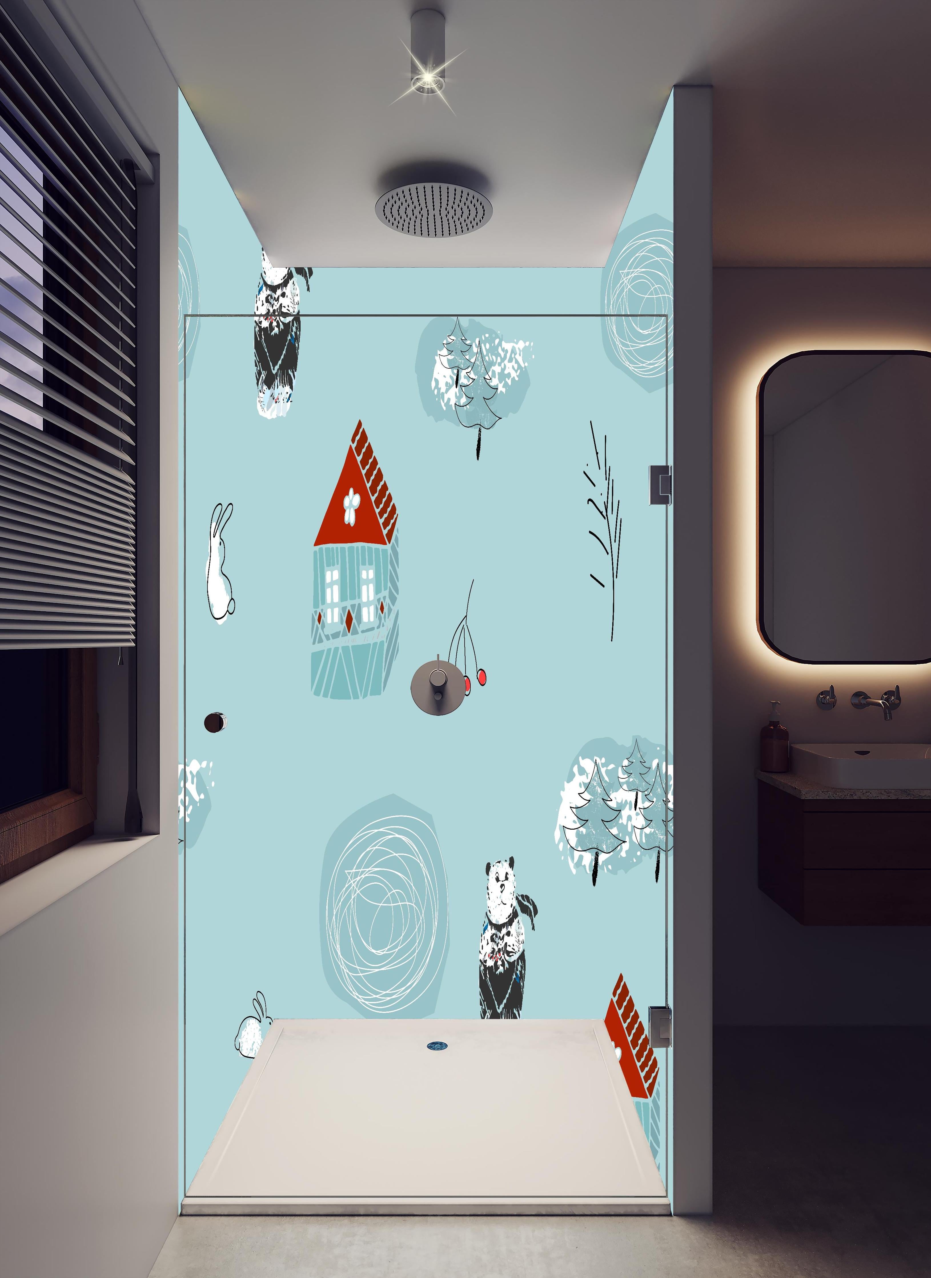 Duschrückwand - Winterliches Kinderzimmer Muster mit Tieren in hellem Badezimmer mit Regenduschkopf - zweiteilige Eck-Duschrückwand