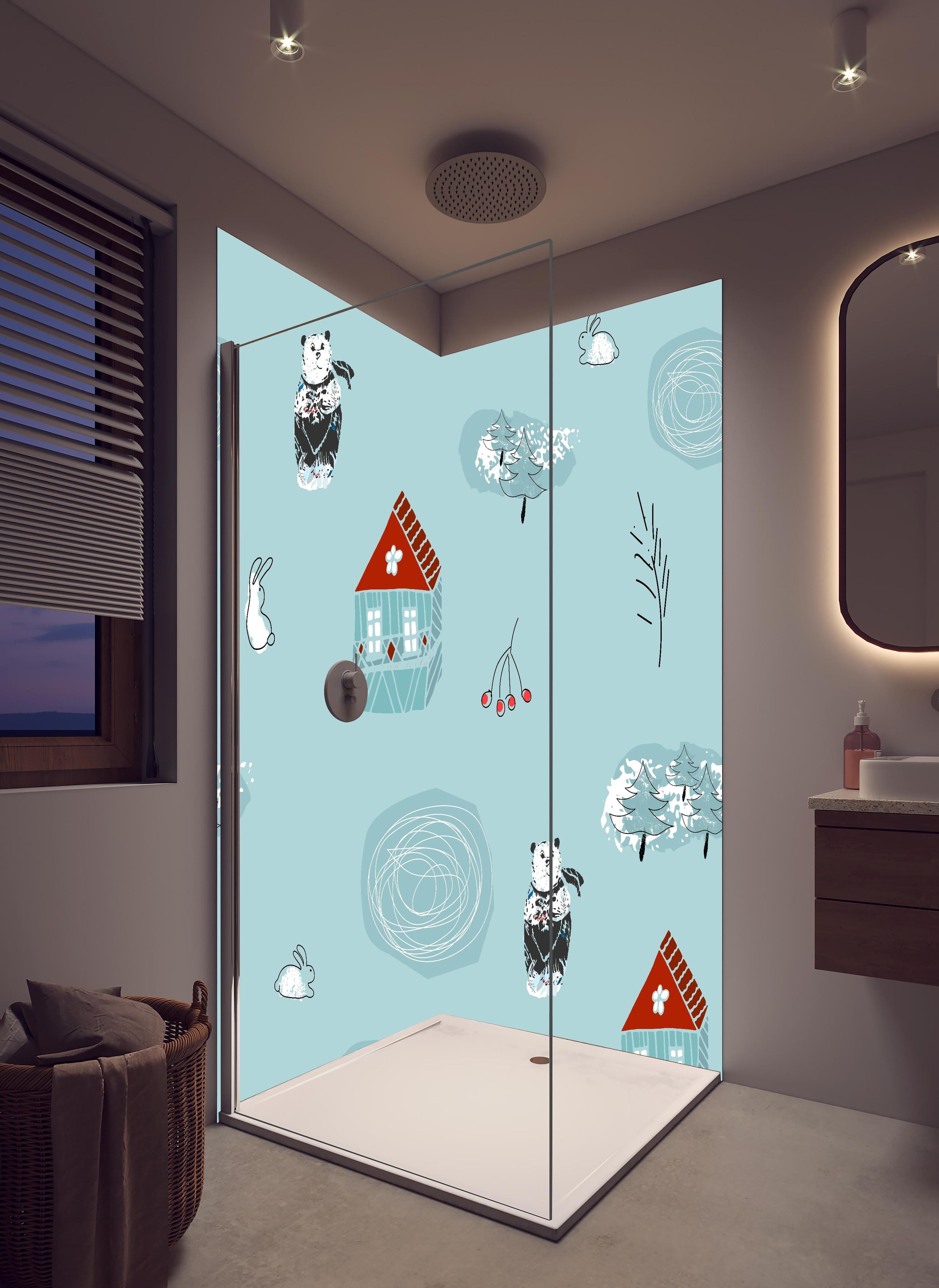 Duschrückwand - Winterliches Kinderzimmer Muster mit Tieren in hellem Badezimmer mit Regenduschkopf - zweiteilige Eck-Duschrückwand