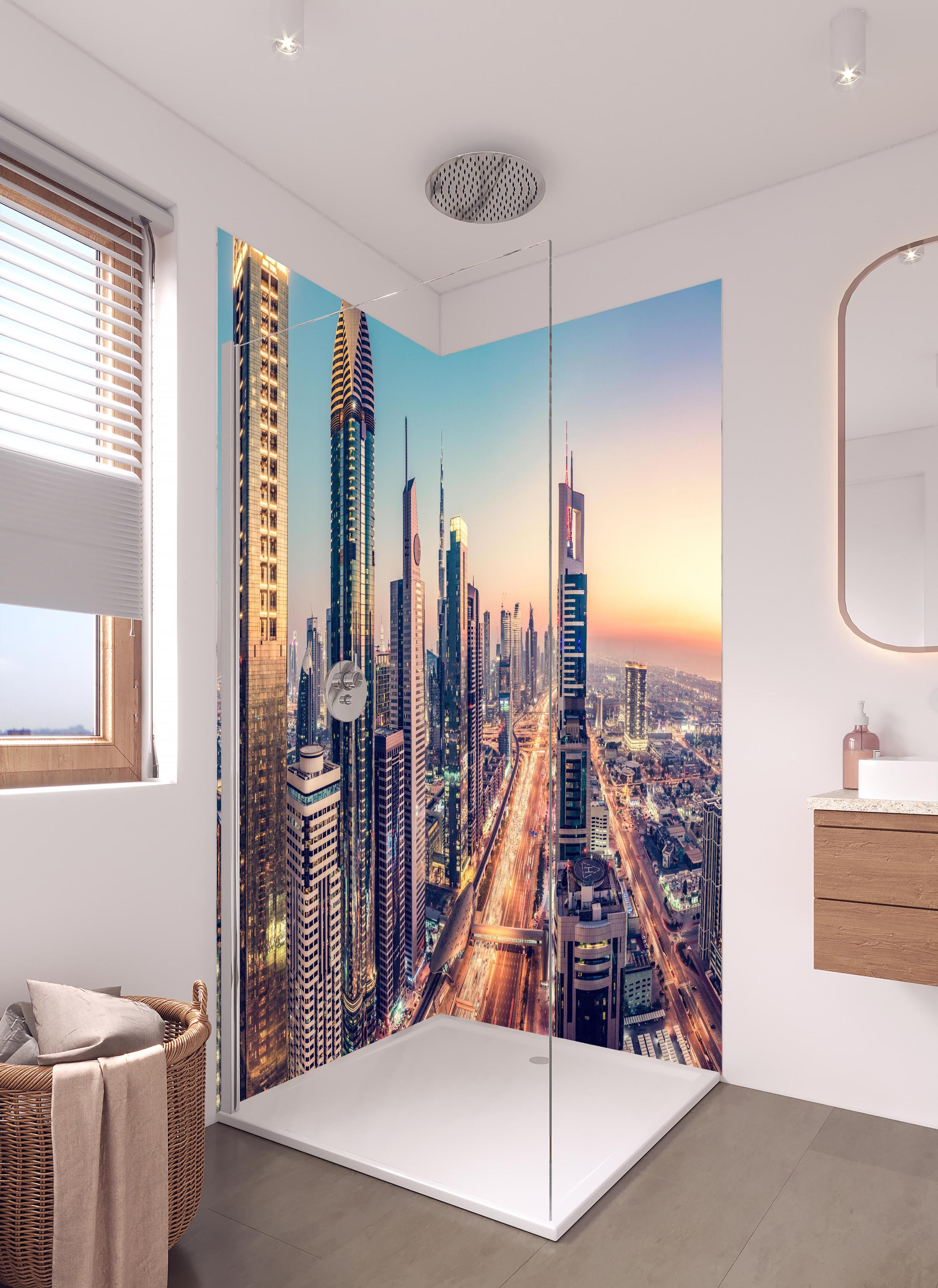Duschrückwand - Wolkenkratzer - Hochhäuser in der Innenstadt von Dubai in hellem Badezimmer mit Regenduschkopf - zweiteilige Eck-Duschrückwand
