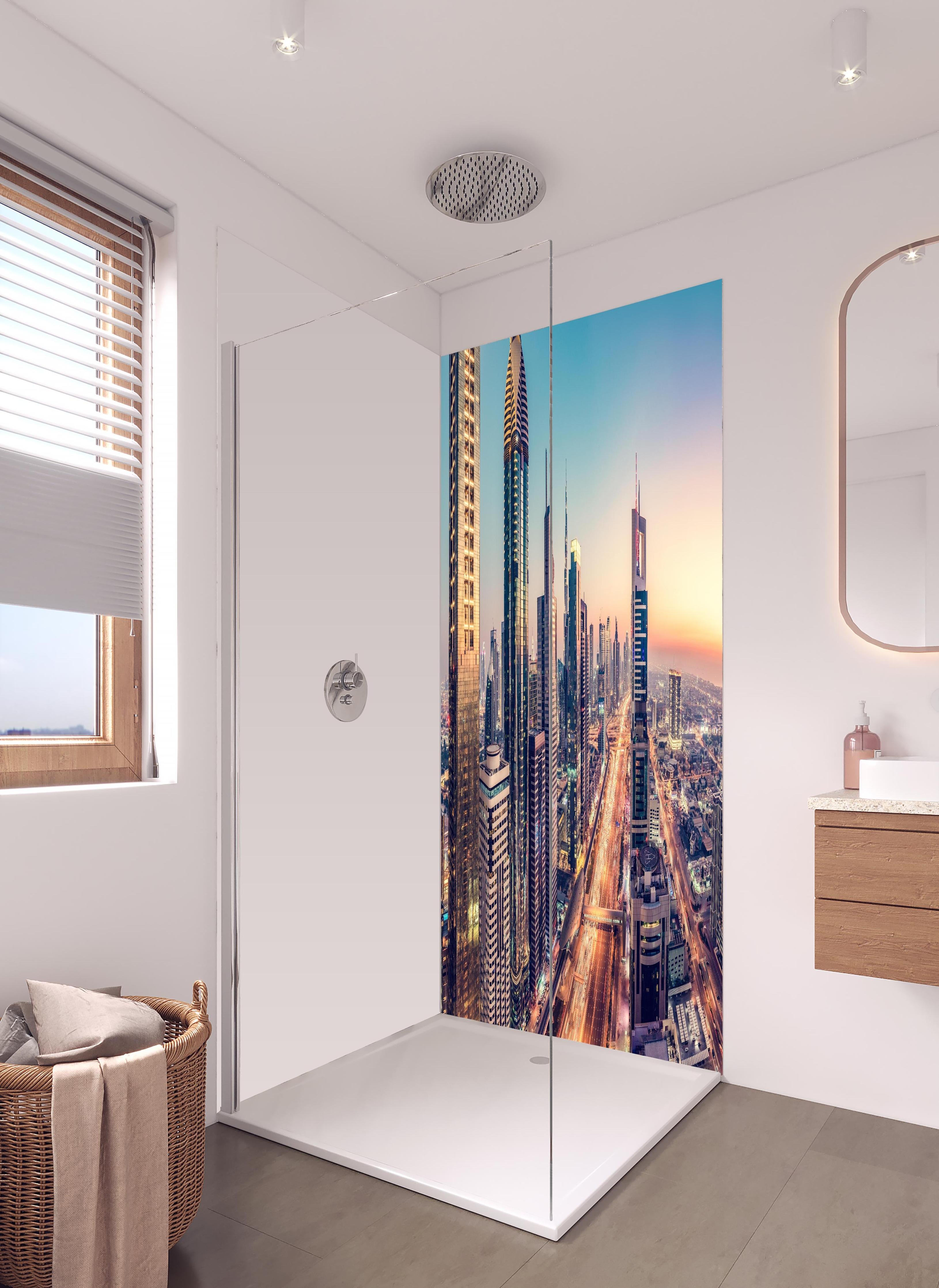 Duschrückwand - Wolkenkratzer - Hochhäuser in der Innenstadt von Dubai in hellem Badezimmer mit Regenduschkopf - zweiteilige Eck-Duschrückwand