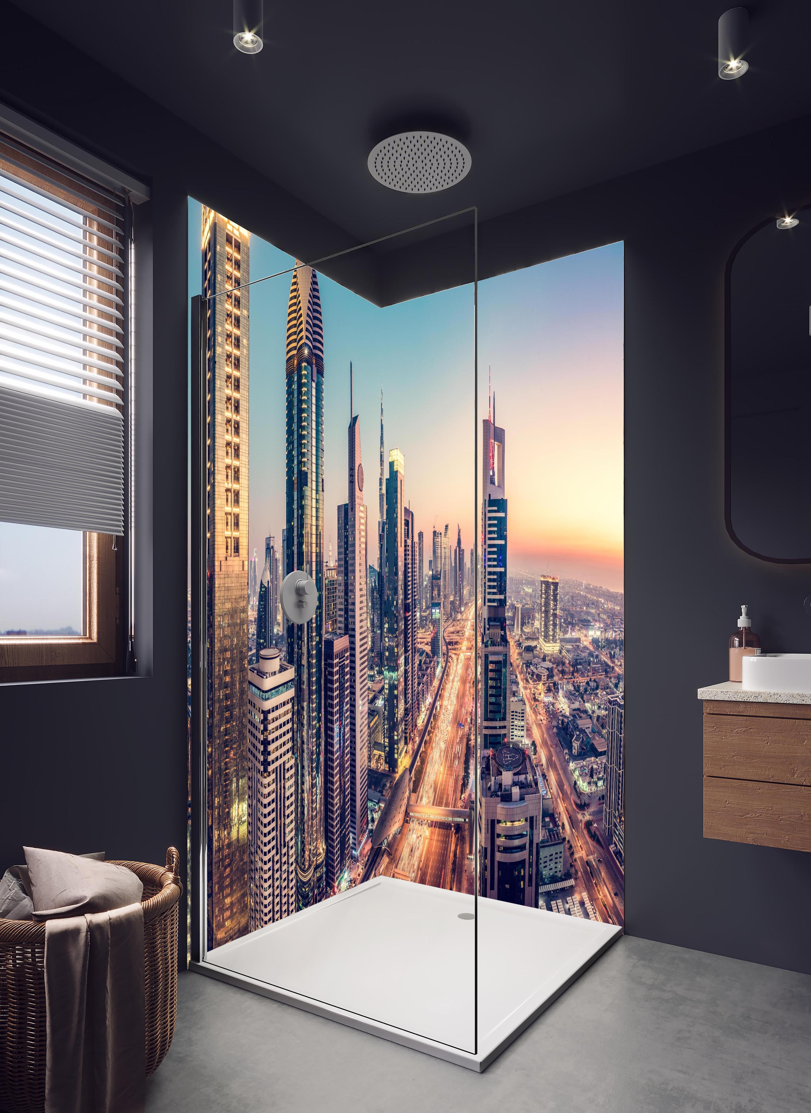 Duschrückwand - Wolkenkratzer - Hochhäuser in der Innenstadt von Dubai in hellem Badezimmer mit Regenduschkopf - zweiteilige Eck-Duschrückwand