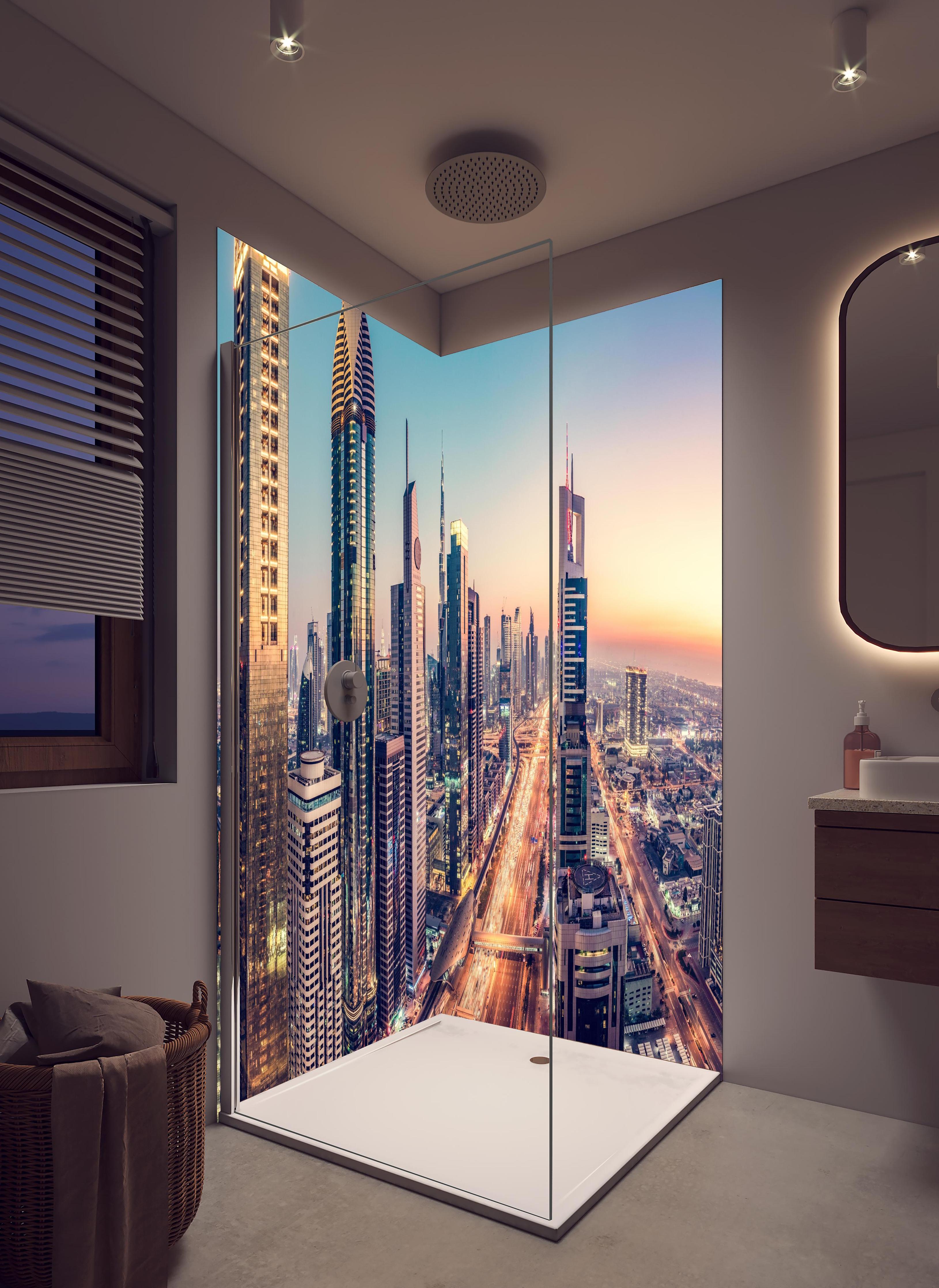 Duschrückwand - Wolkenkratzer - Hochhäuser in der Innenstadt von Dubai in hellem Badezimmer mit Regenduschkopf - zweiteilige Eck-Duschrückwand