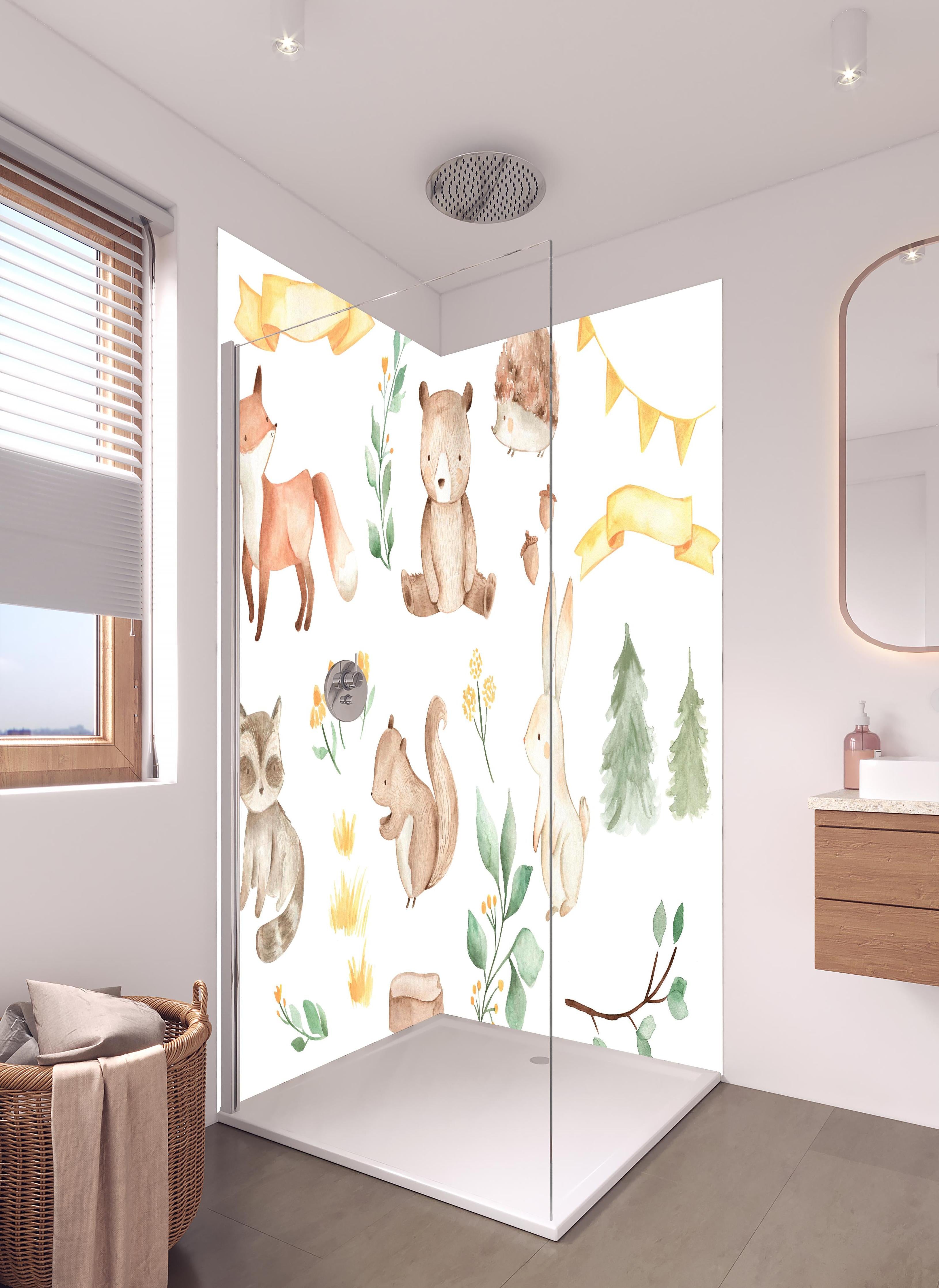 Duschrückwand - Woodland Tiere - Aquarell in hellem Badezimmer mit Regenduschkopf - zweiteilige Eck-Duschrückwand