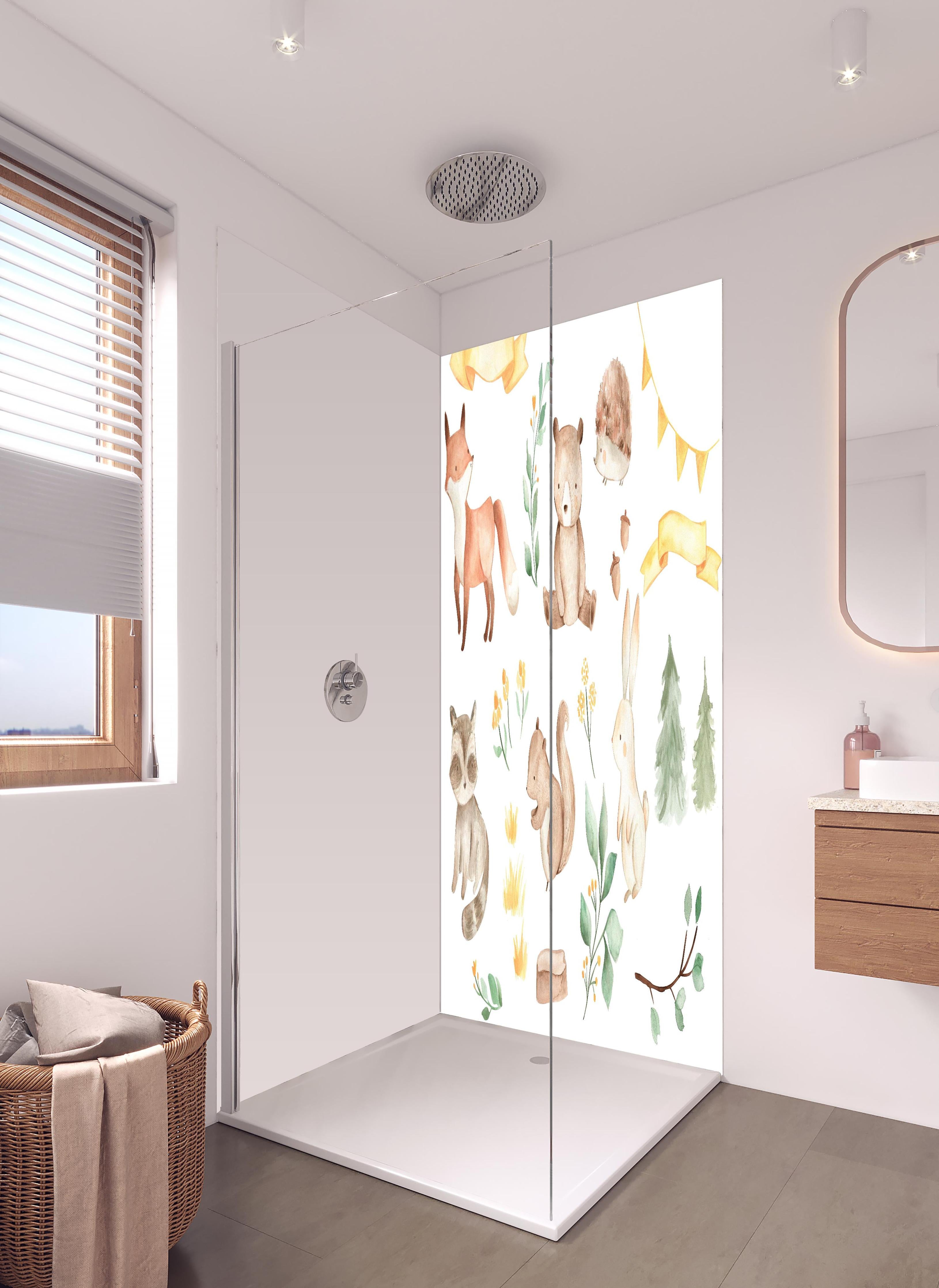 Duschrückwand - Woodland Tiere - Aquarell in hellem Badezimmer mit Regenduschkopf - zweiteilige Eck-Duschrückwand