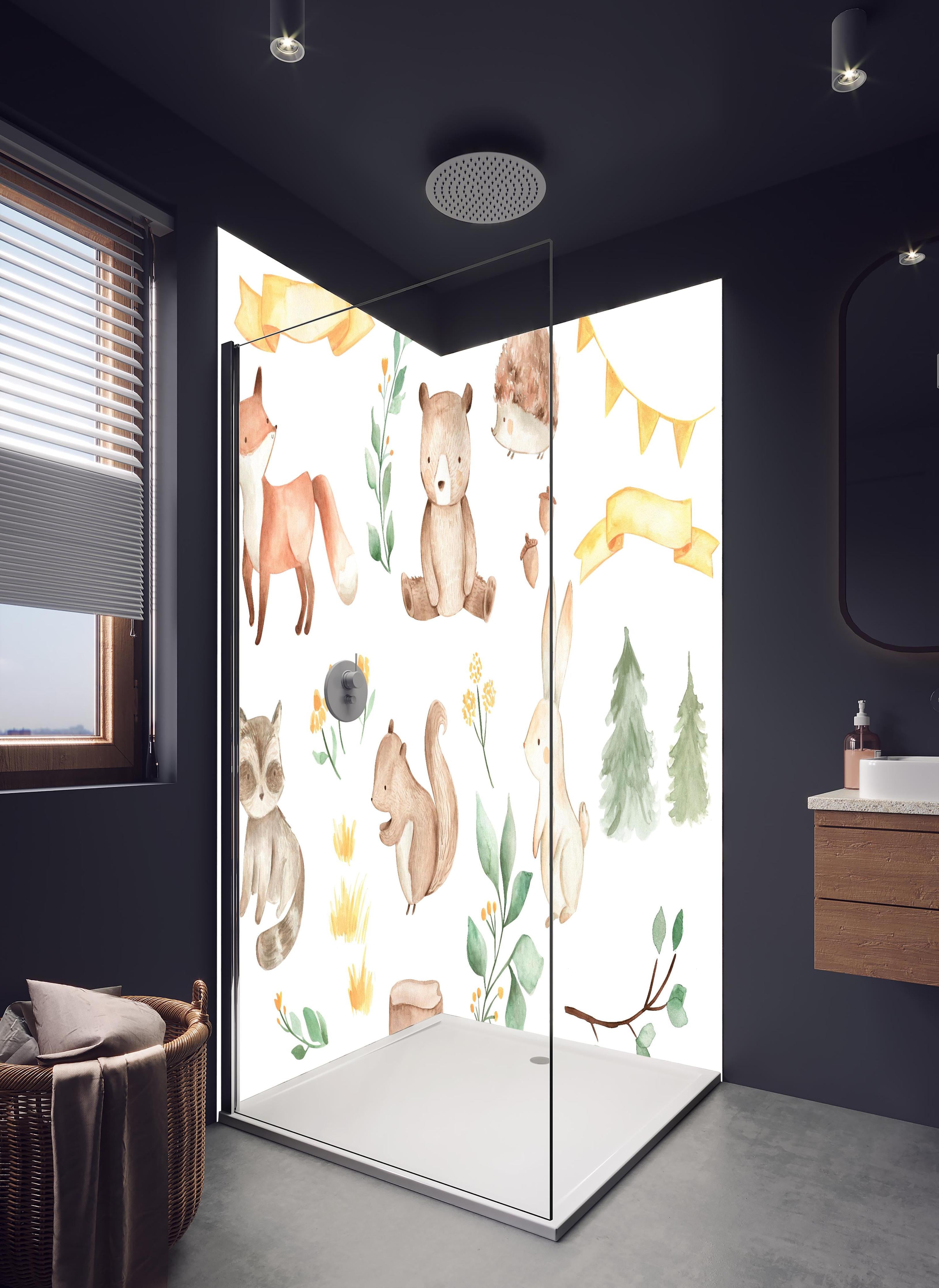 Duschrückwand - Woodland Tiere - Aquarell in hellem Badezimmer mit Regenduschkopf - zweiteilige Eck-Duschrückwand