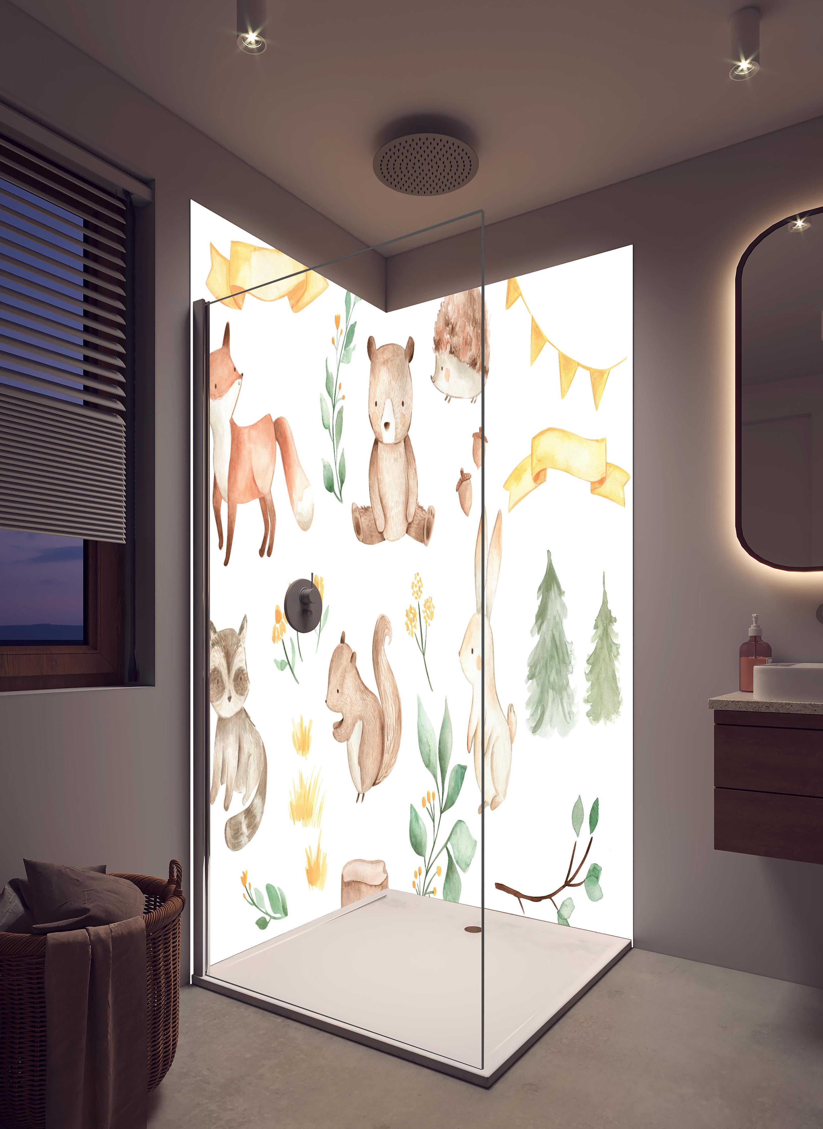 Duschrückwand - Woodland Tiere - Aquarell in hellem Badezimmer mit Regenduschkopf - zweiteilige Eck-Duschrückwand
