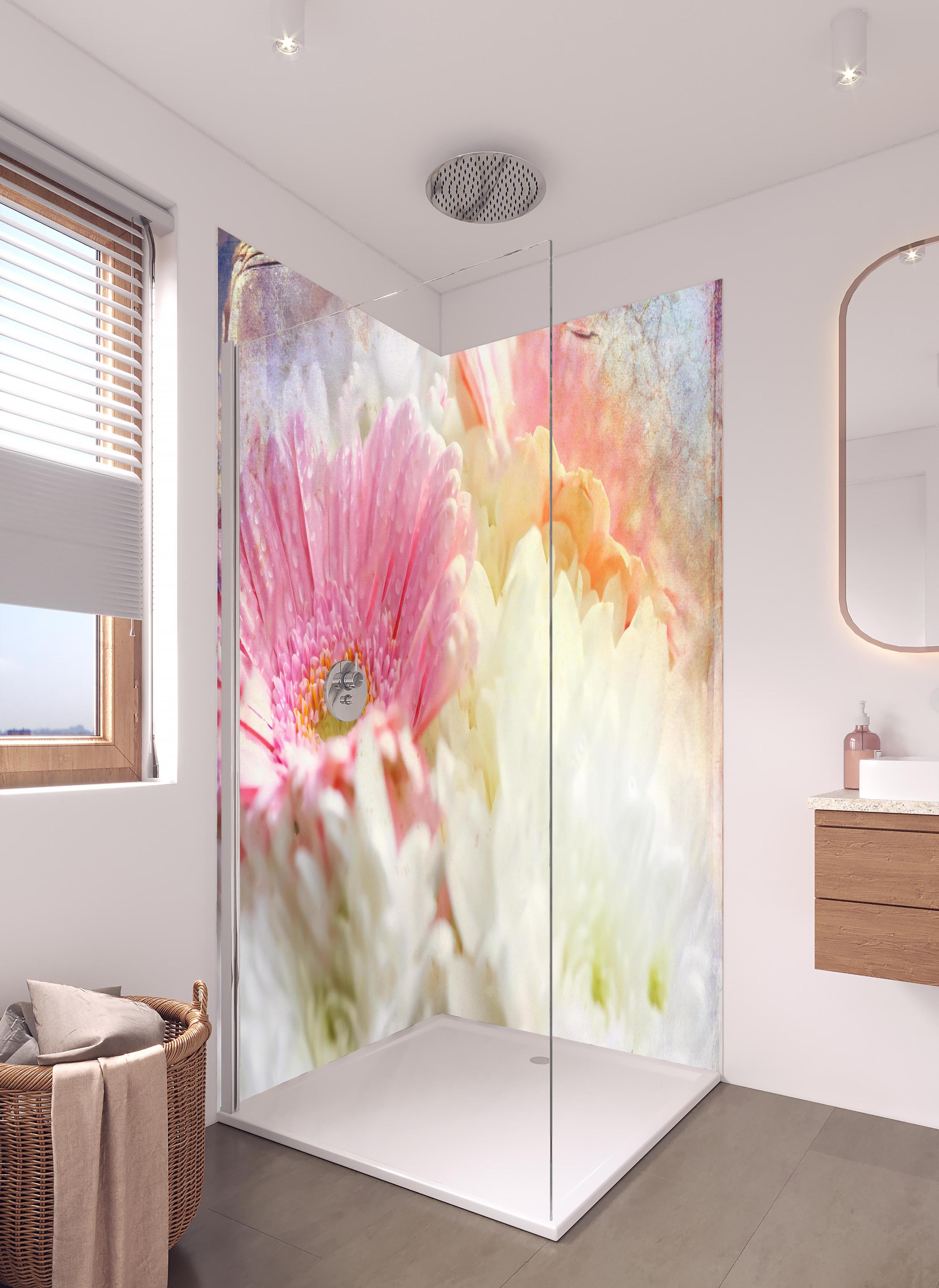 Duschrückwand - Wunderschöne Blumen - Nahaufnahme in hellem Badezimmer mit Regenduschkopf - zweiteilige Eck-Duschrückwand