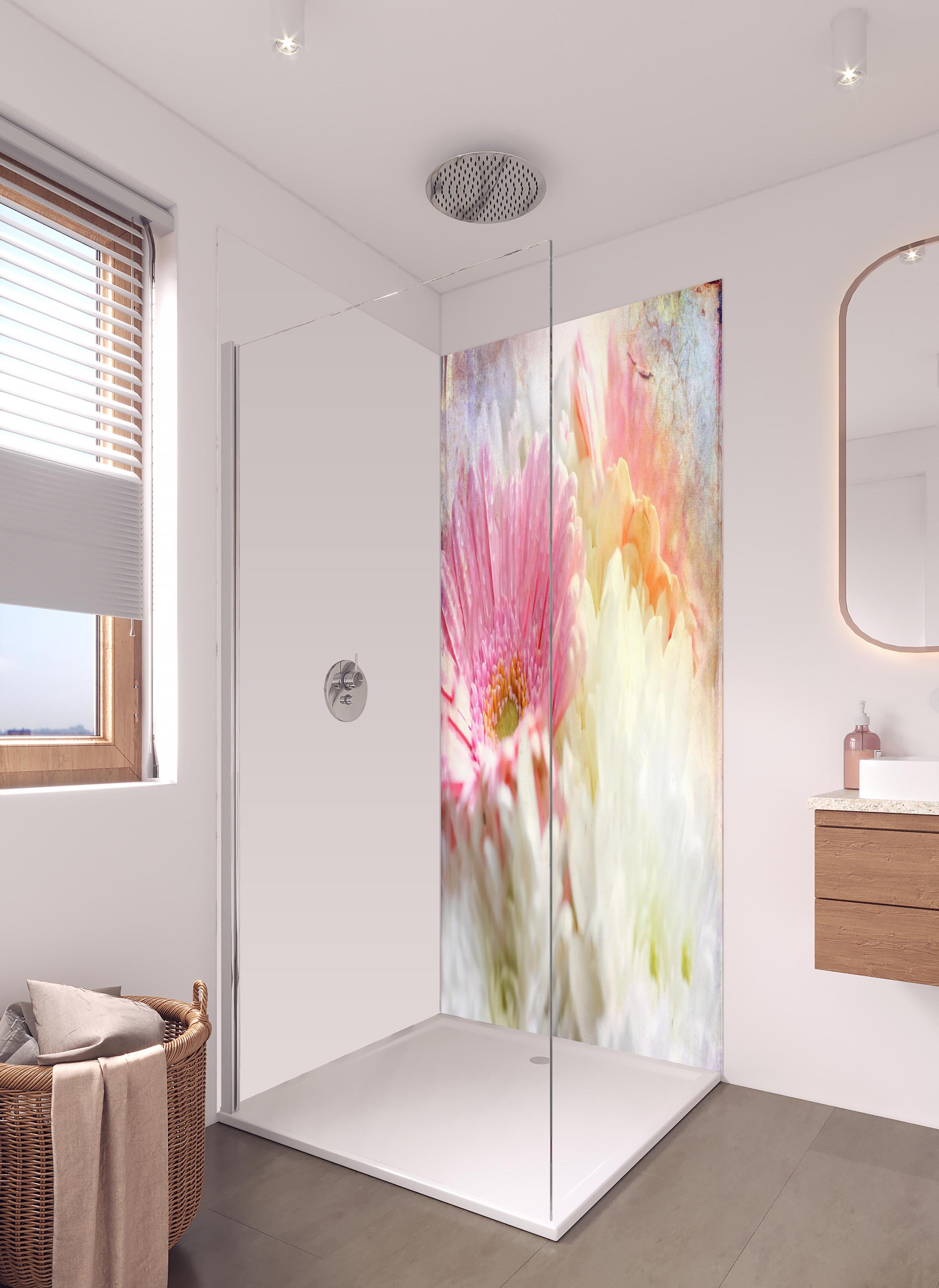 Duschrückwand - Wunderschöne Blumen - Nahaufnahme in hellem Badezimmer mit Regenduschkopf - zweiteilige Eck-Duschrückwand