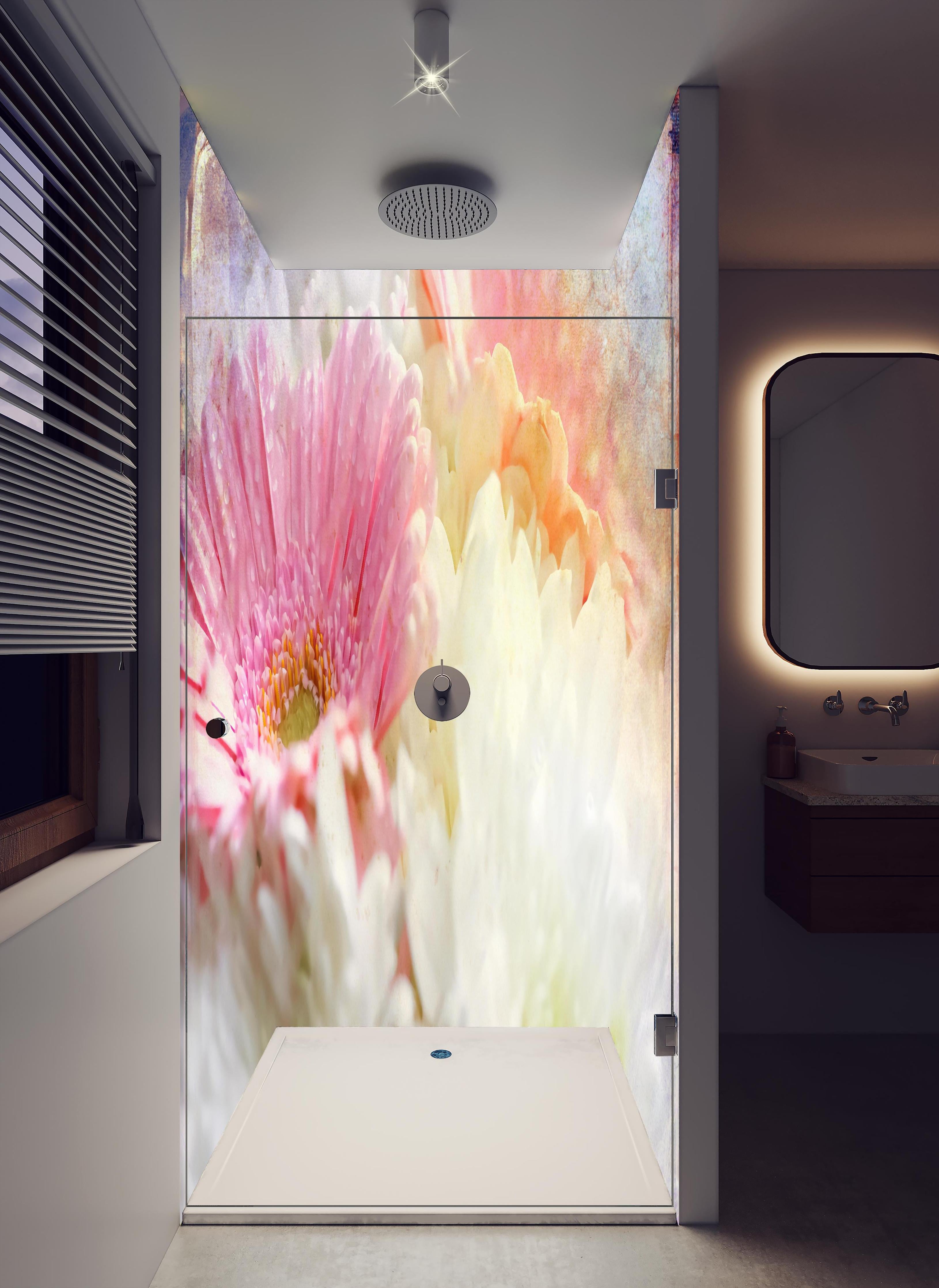 Duschrückwand - Wunderschöne Blumen - Nahaufnahme in hellem Badezimmer mit Regenduschkopf - zweiteilige Eck-Duschrückwand