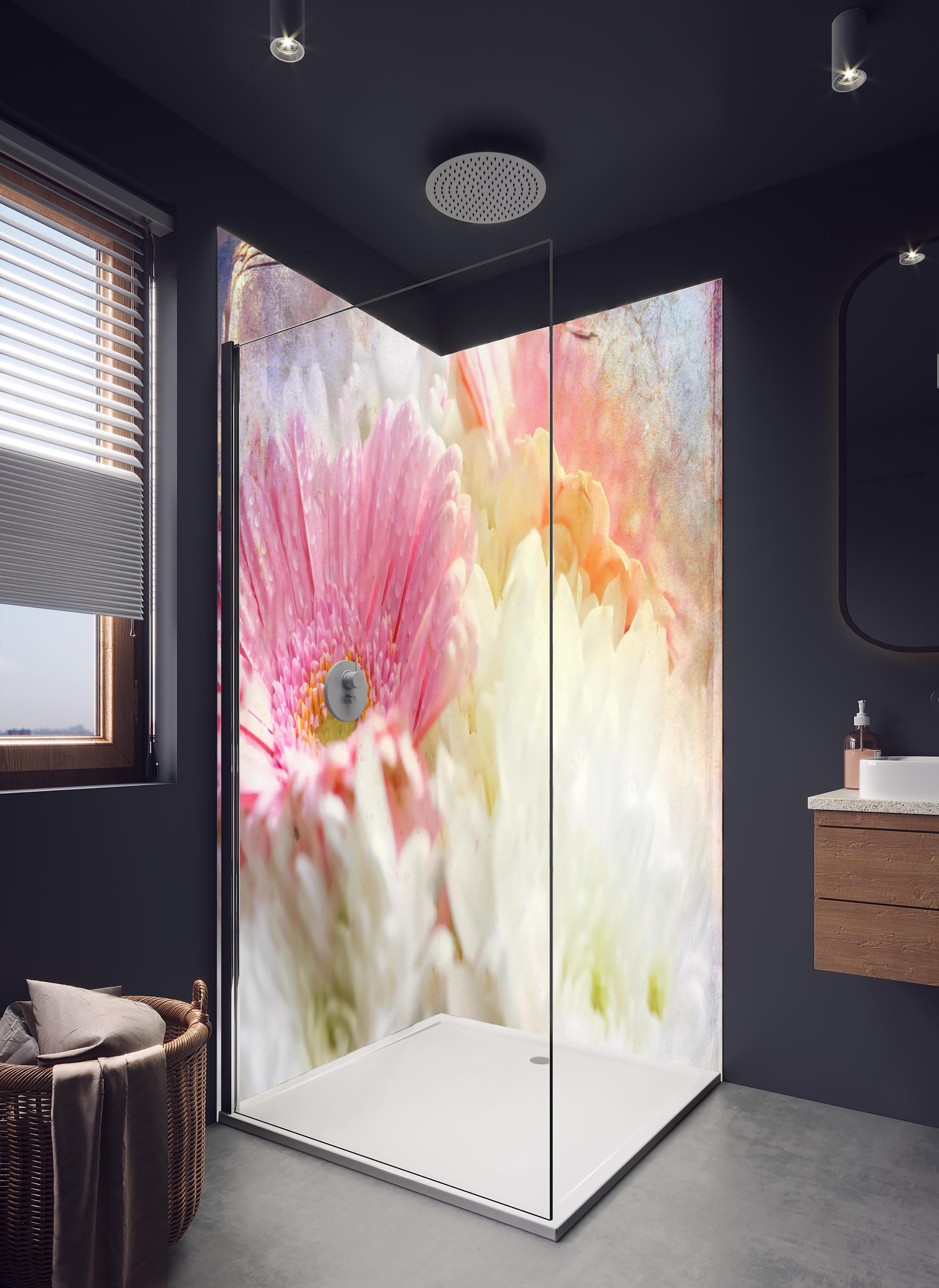 Duschrückwand - Wunderschöne Blumen - Nahaufnahme in hellem Badezimmer mit Regenduschkopf - zweiteilige Eck-Duschrückwand