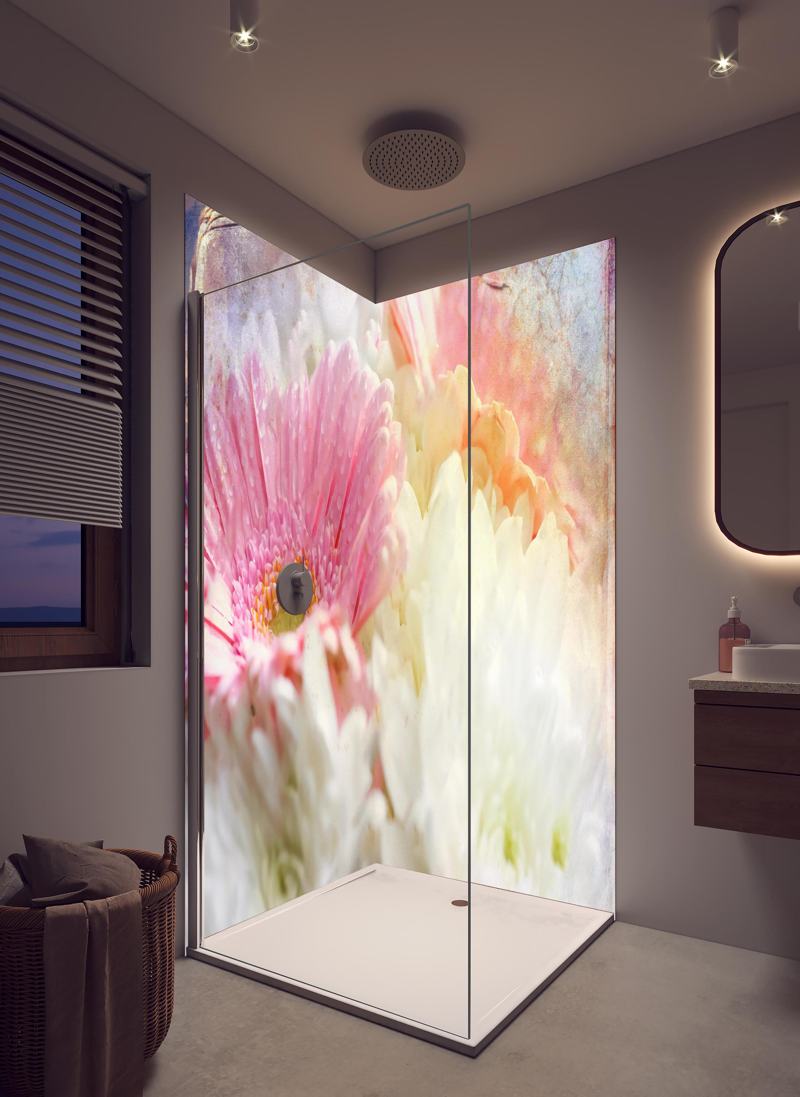 Duschrückwand - Wunderschöne Blumen - Nahaufnahme in hellem Badezimmer mit Regenduschkopf - zweiteilige Eck-Duschrückwand
