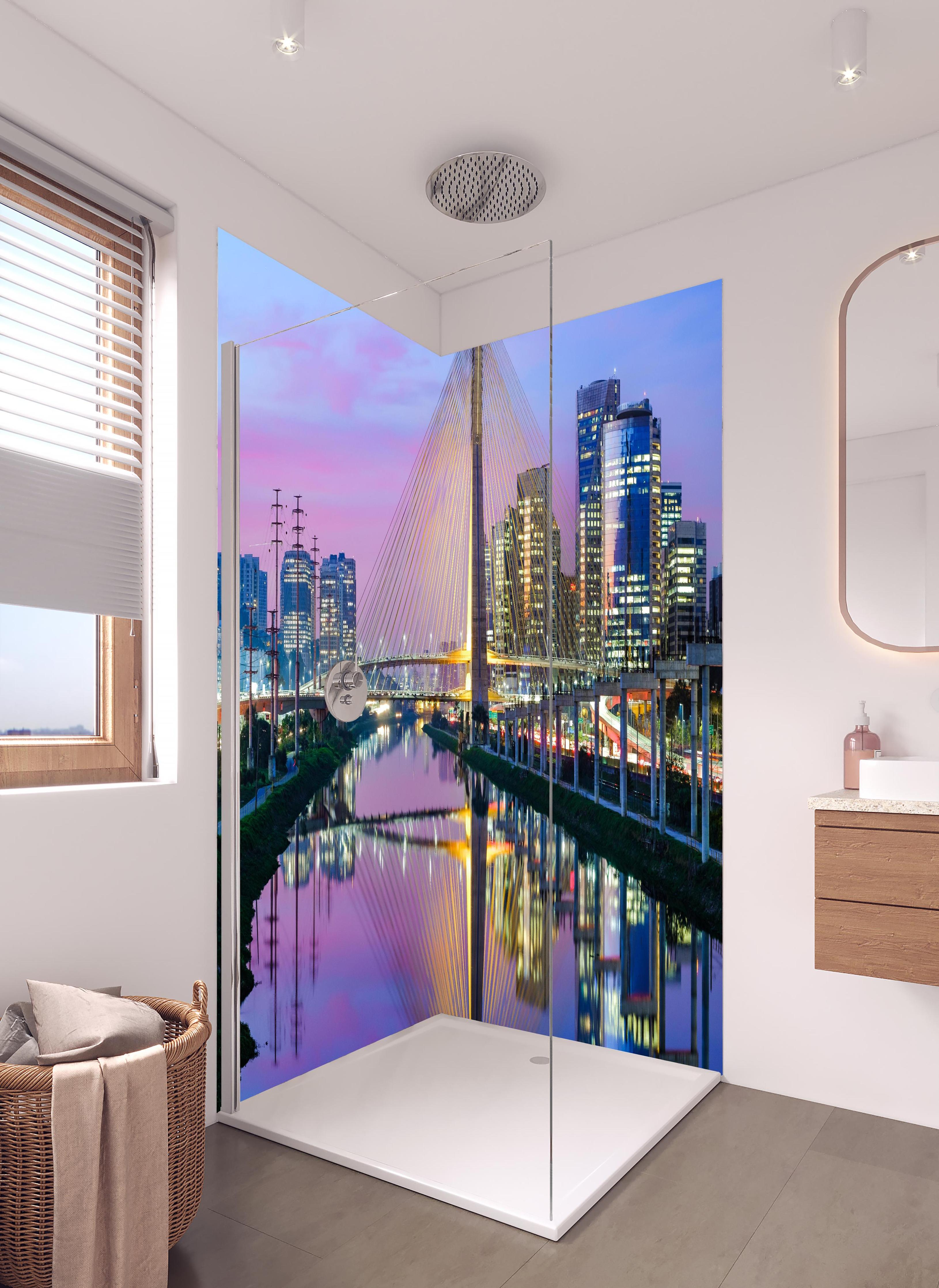 Duschrückwand - Wunderschöne Brücke - Brasilien in hellem Badezimmer mit Regenduschkopf - zweiteilige Eck-Duschrückwand