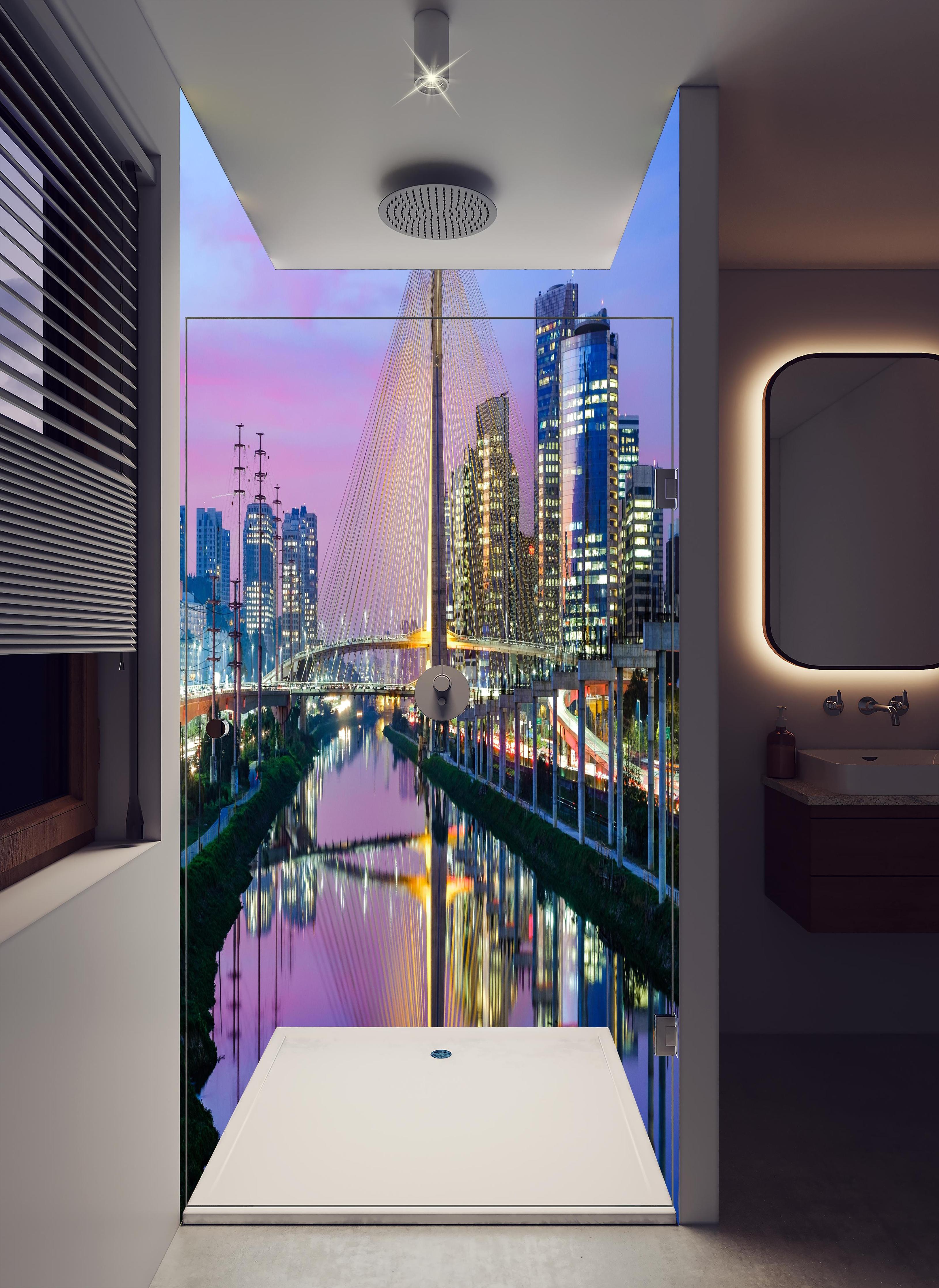Duschrückwand - Wunderschöne Brücke - Brasilien in hellem Badezimmer mit Regenduschkopf - zweiteilige Eck-Duschrückwand