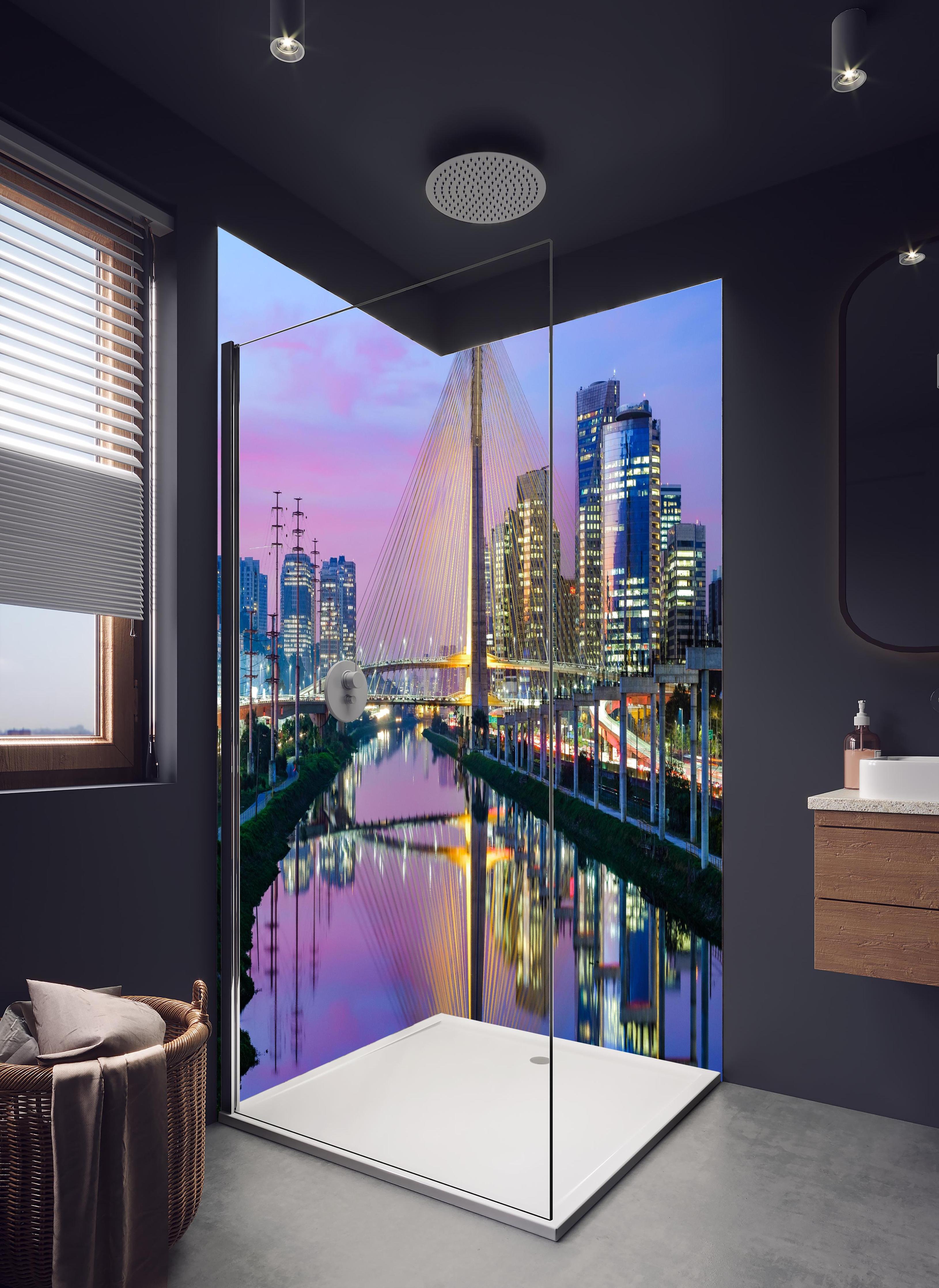 Duschrückwand - Wunderschöne Brücke - Brasilien in hellem Badezimmer mit Regenduschkopf - zweiteilige Eck-Duschrückwand