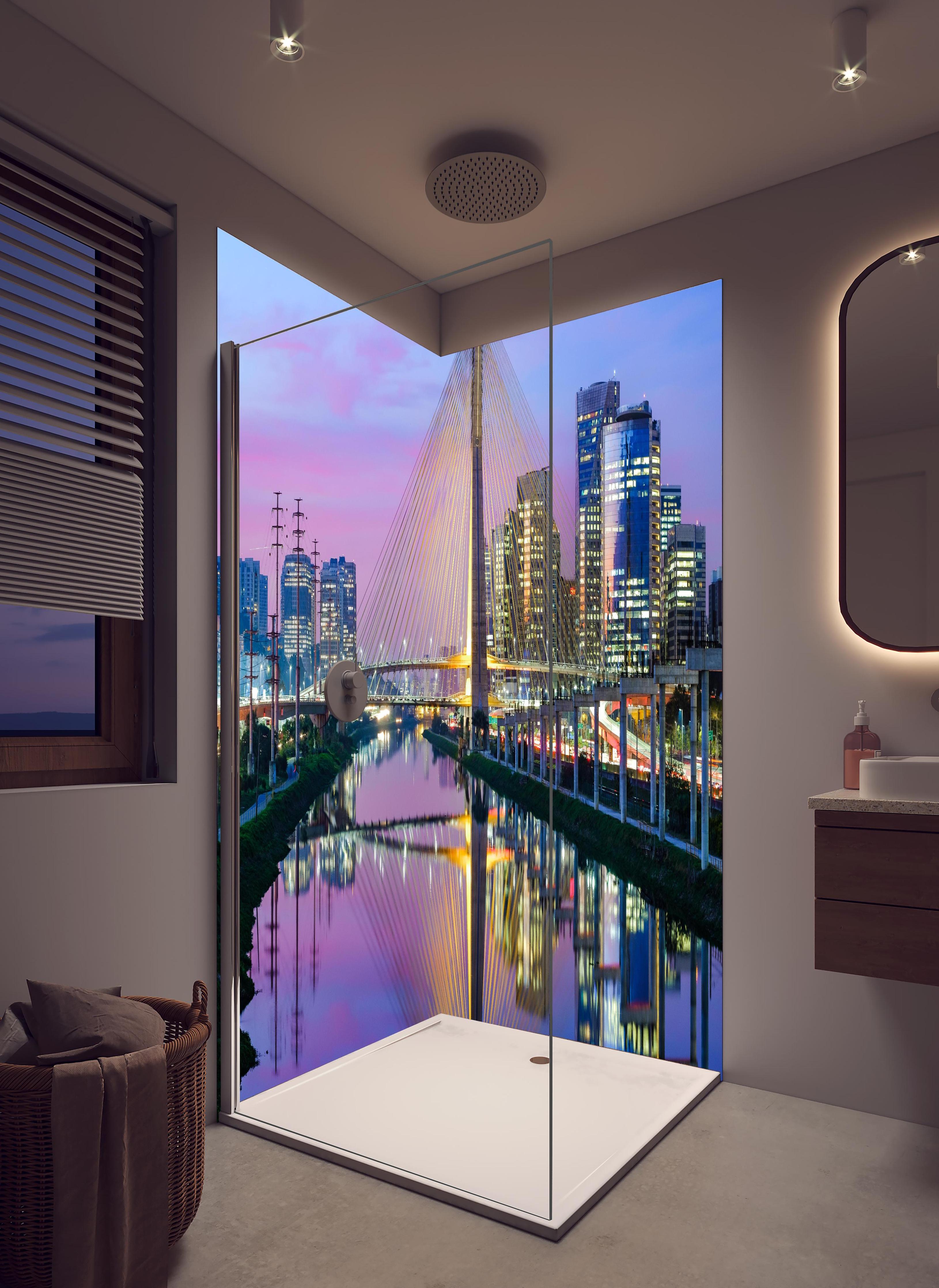 Duschrückwand - Wunderschöne Brücke - Brasilien in hellem Badezimmer mit Regenduschkopf - zweiteilige Eck-Duschrückwand