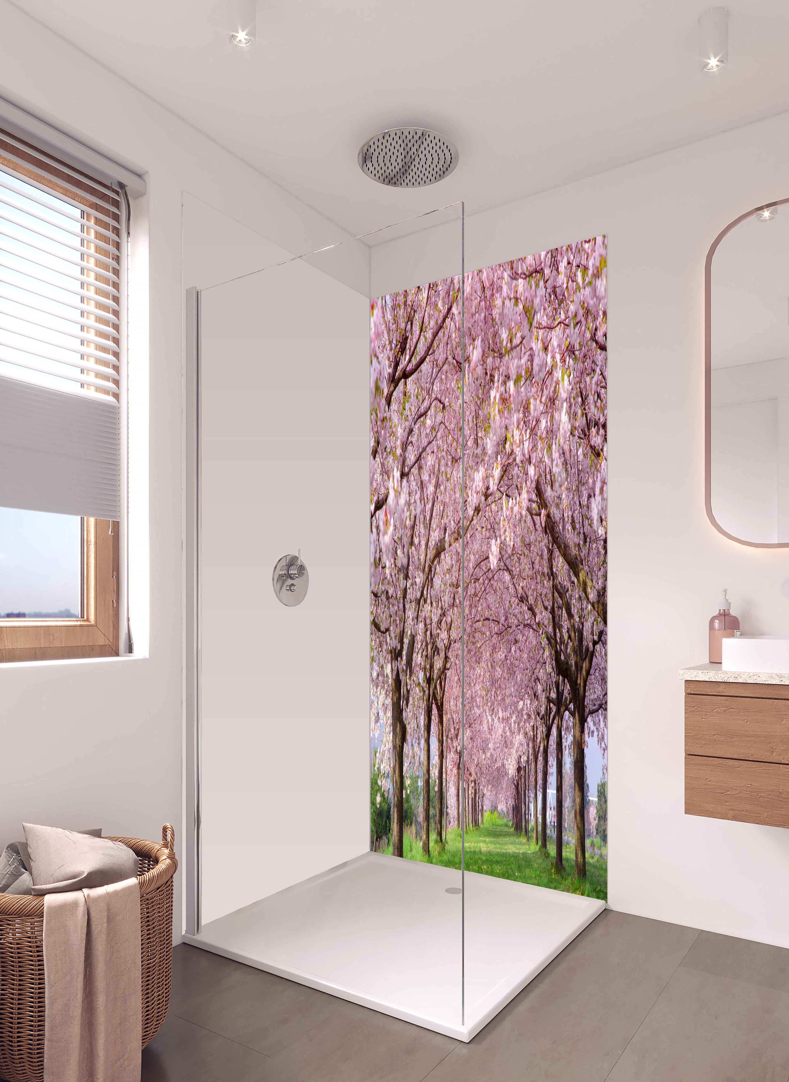 Duschrückwand - Wunderschöne Kirschbaumallee in hellem Badezimmer mit Regenduschkopf - zweiteilige Eck-Duschrückwand
