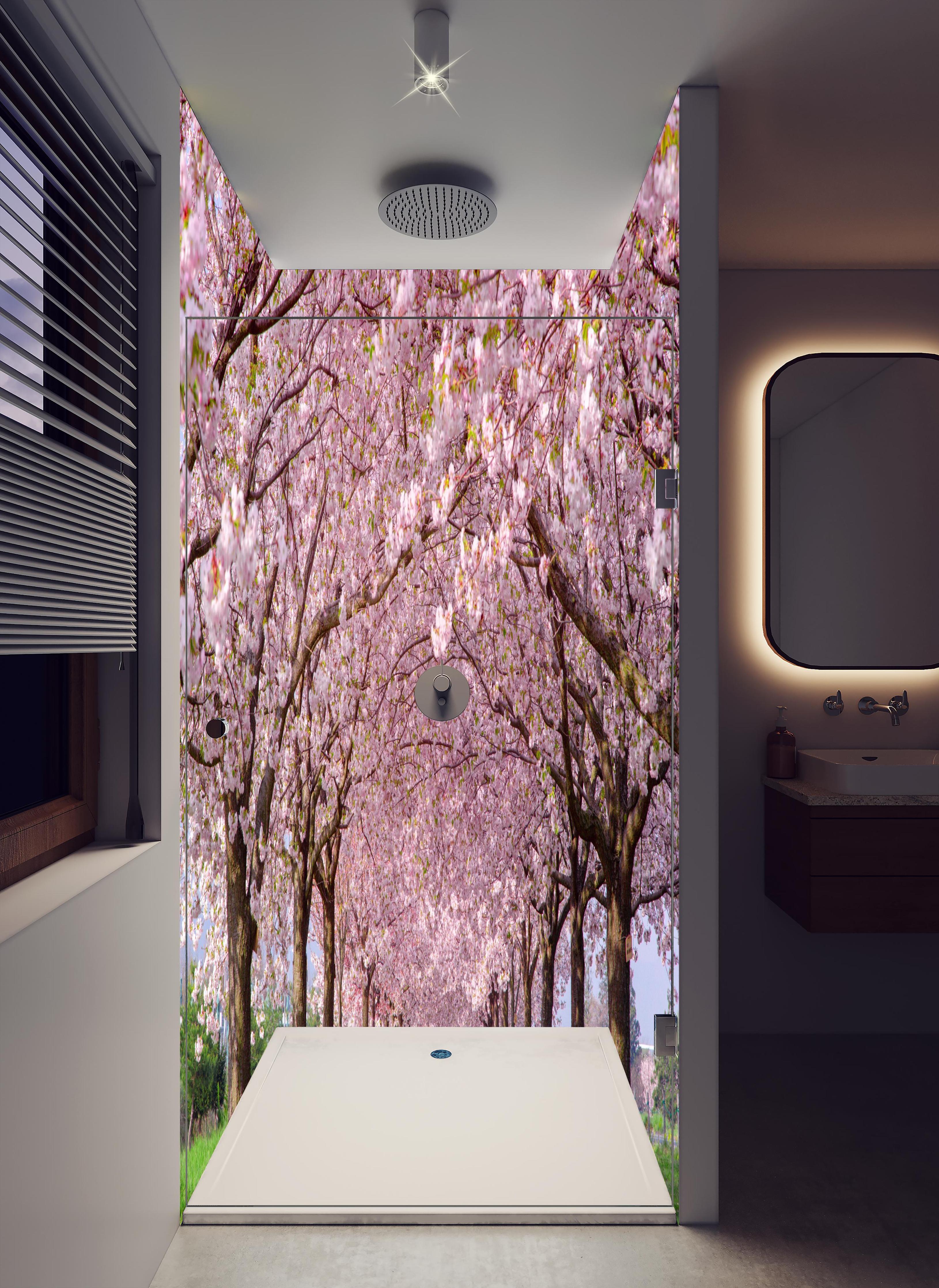 Duschrückwand - Wunderschöne Kirschbaumallee in hellem Badezimmer mit Regenduschkopf - zweiteilige Eck-Duschrückwand